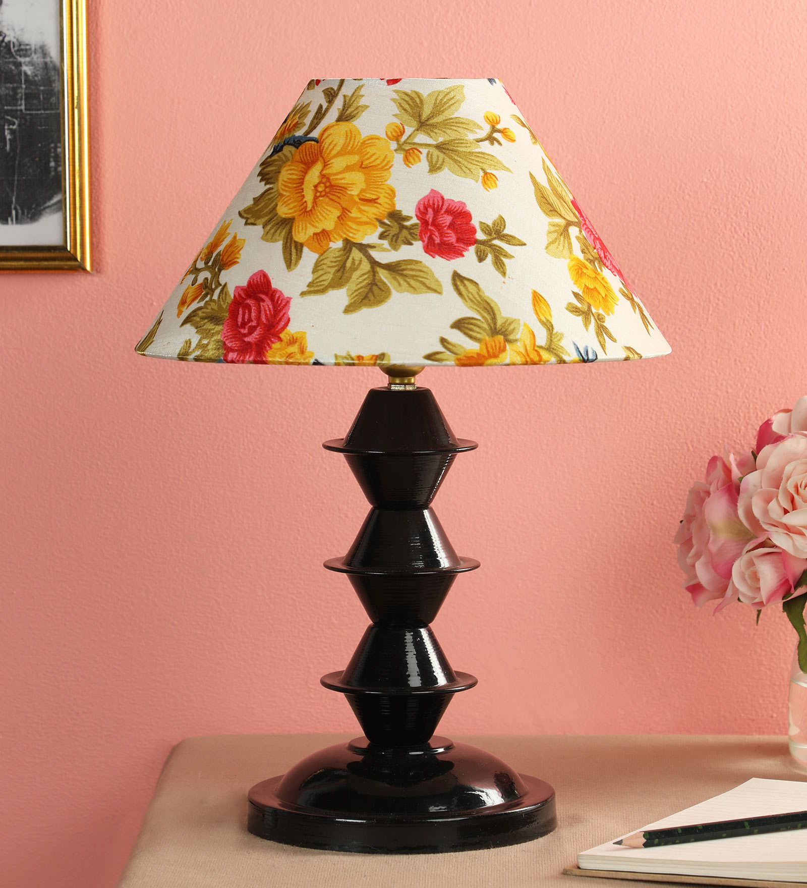 Elegant Yellow Fabric Shade Night Lamp With Metal Base