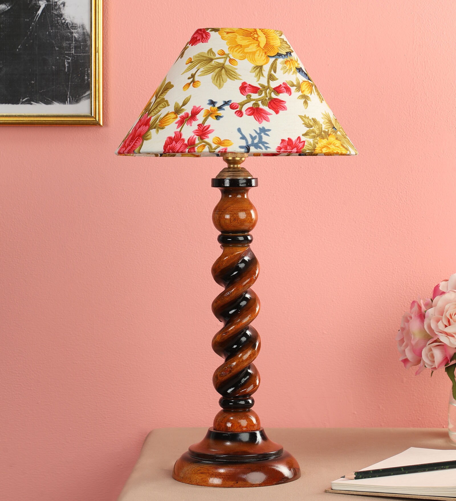 Desmond Yellow Fabric Shade Night Lamp With Wood Base