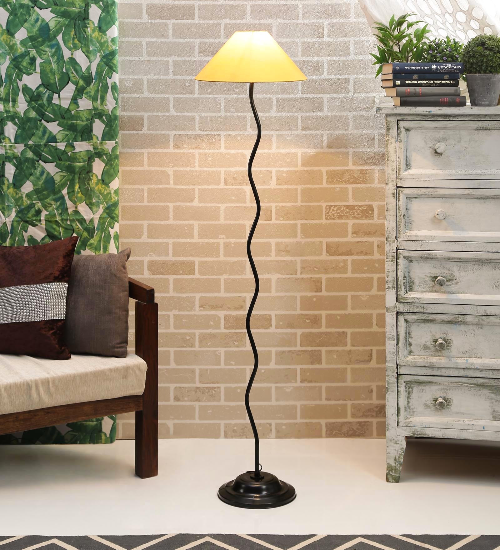 Yellow Fabric Shade Club Floor Lamp With Metal Base