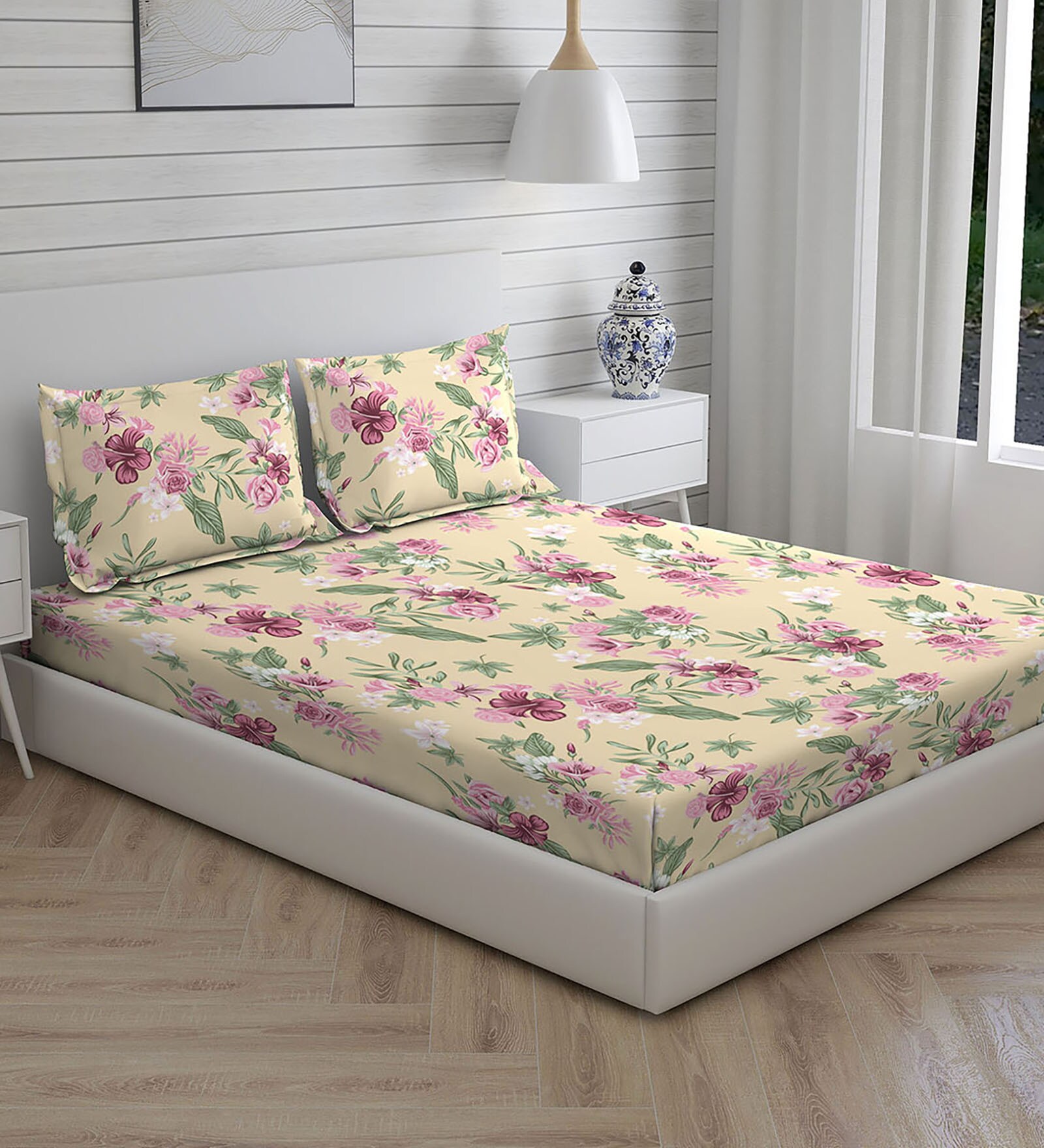 Buy Yellow Floral 104 TC Cotton Queen Sized Bed Sheets with 2 Pillow Covers by Layers Online