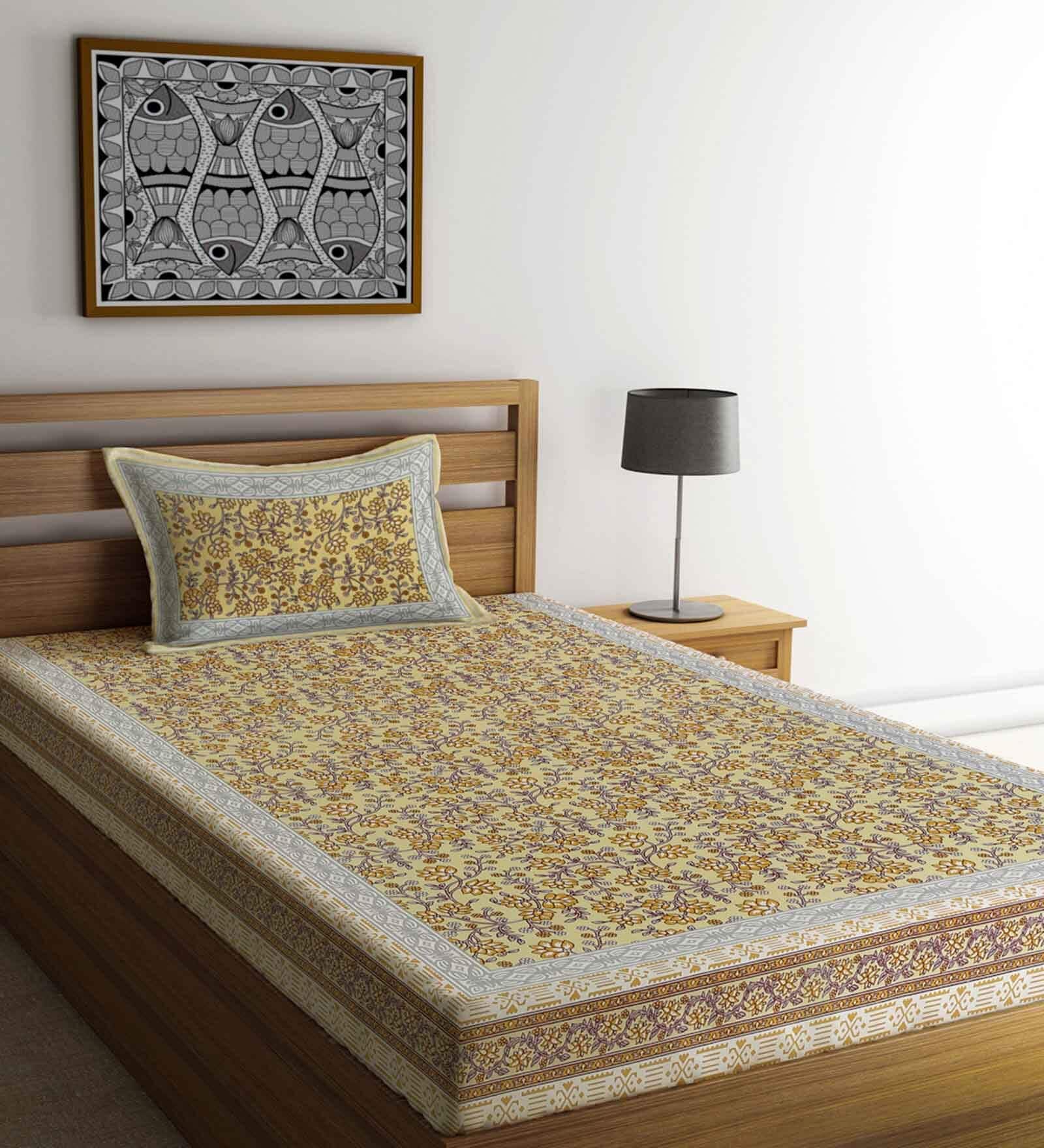 Yellow Floral 144 TC 100% Cotton Single Bed Sheet with Pillow Cover