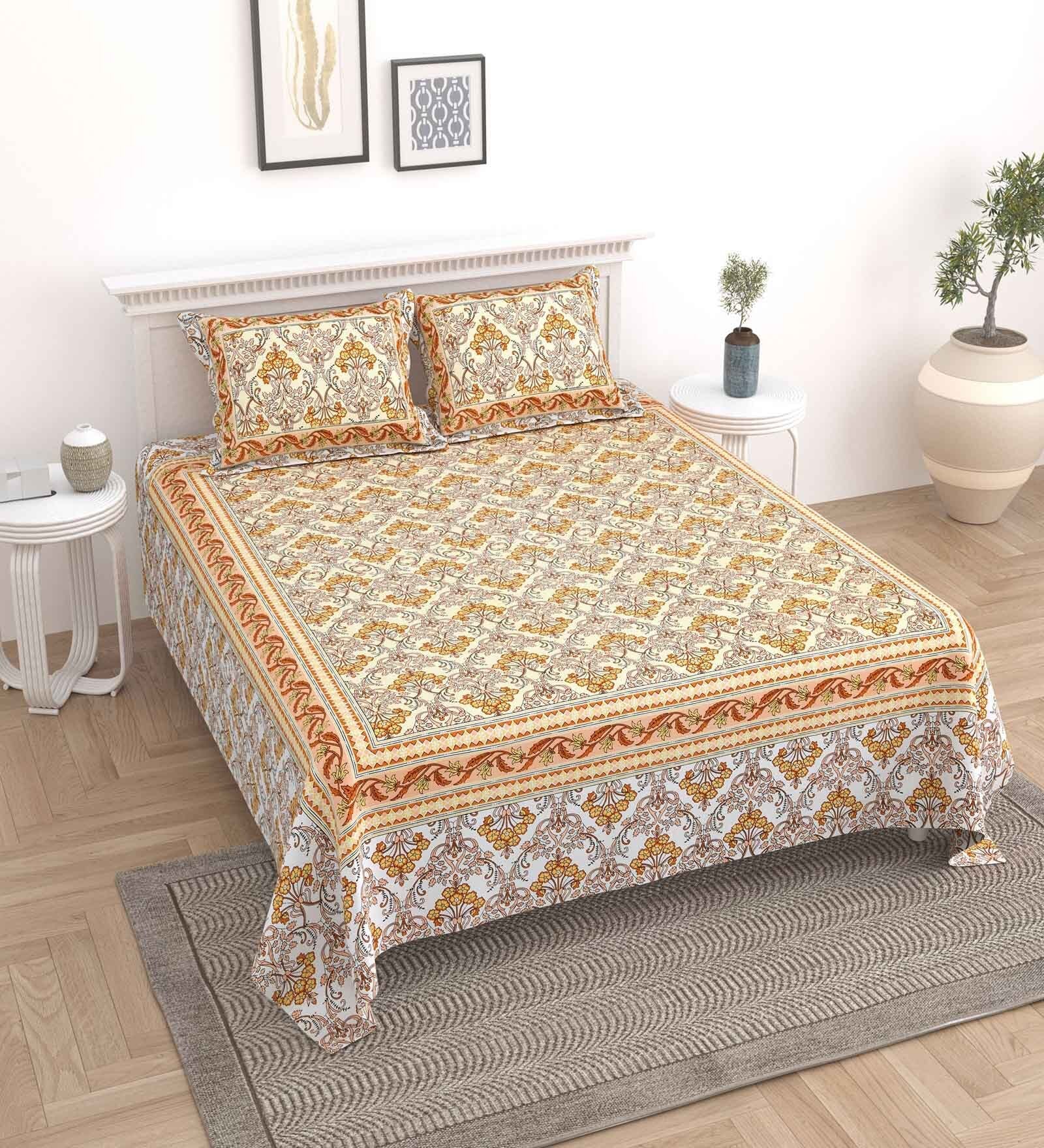 Yellow Floral 144 TC Cotton King Bedsheet and 2 Pillow Cover