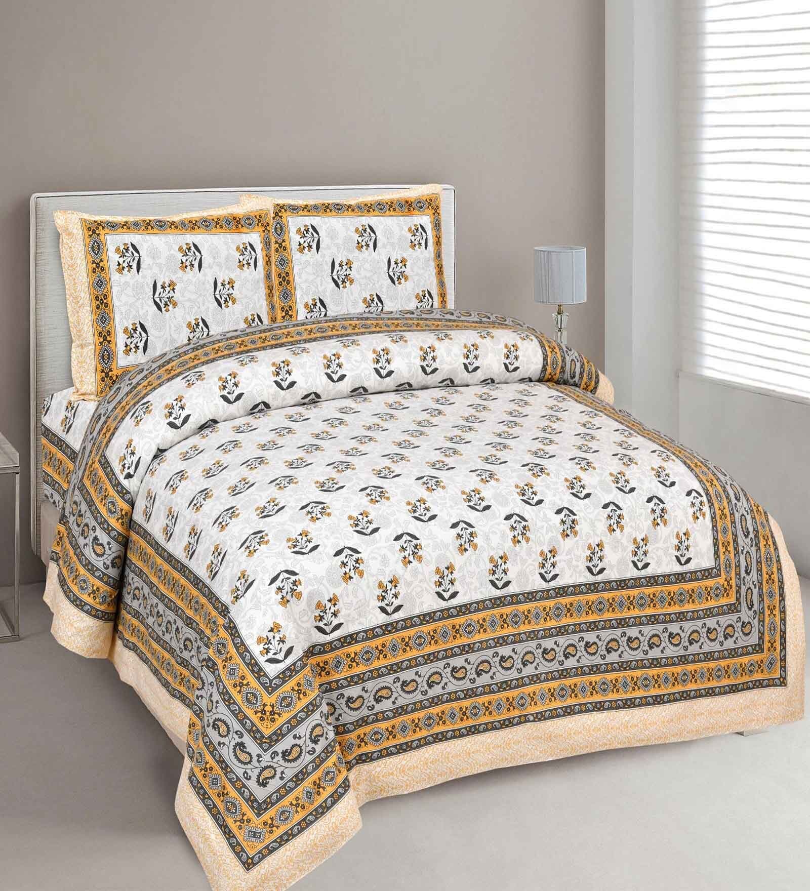 Yellow Cotton Floral 150 Tc Double King Sized Bedsheet With 2 Pillow Covers