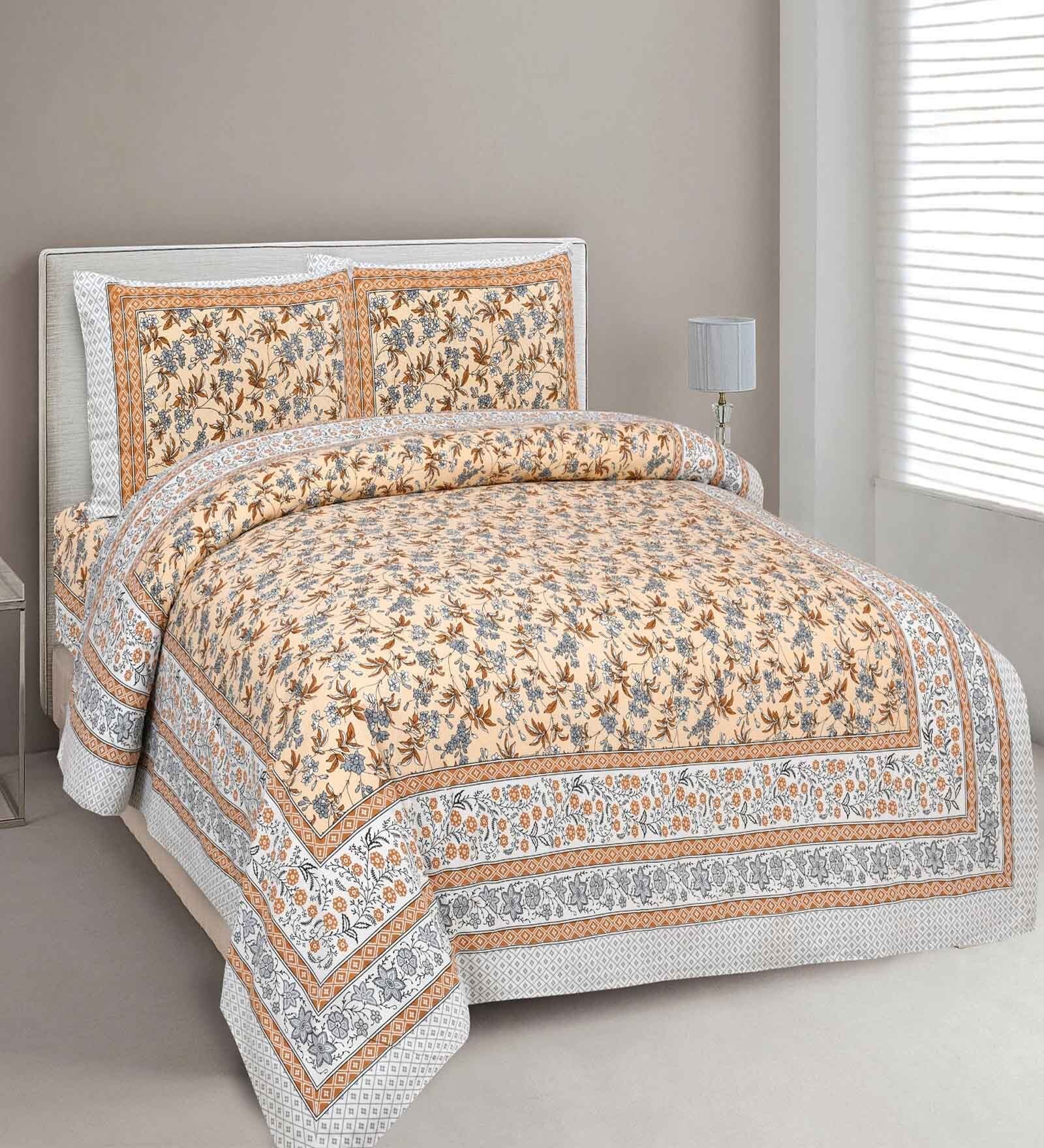 Yellow Floral 144 TC Cotton King Bedsheet and 2 Pillow Cover