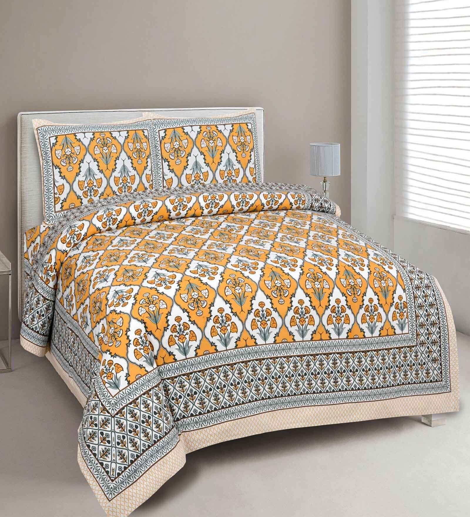 Yellow Floral 144 TC Cotton King Bedsheet and 2 Pillow Cover