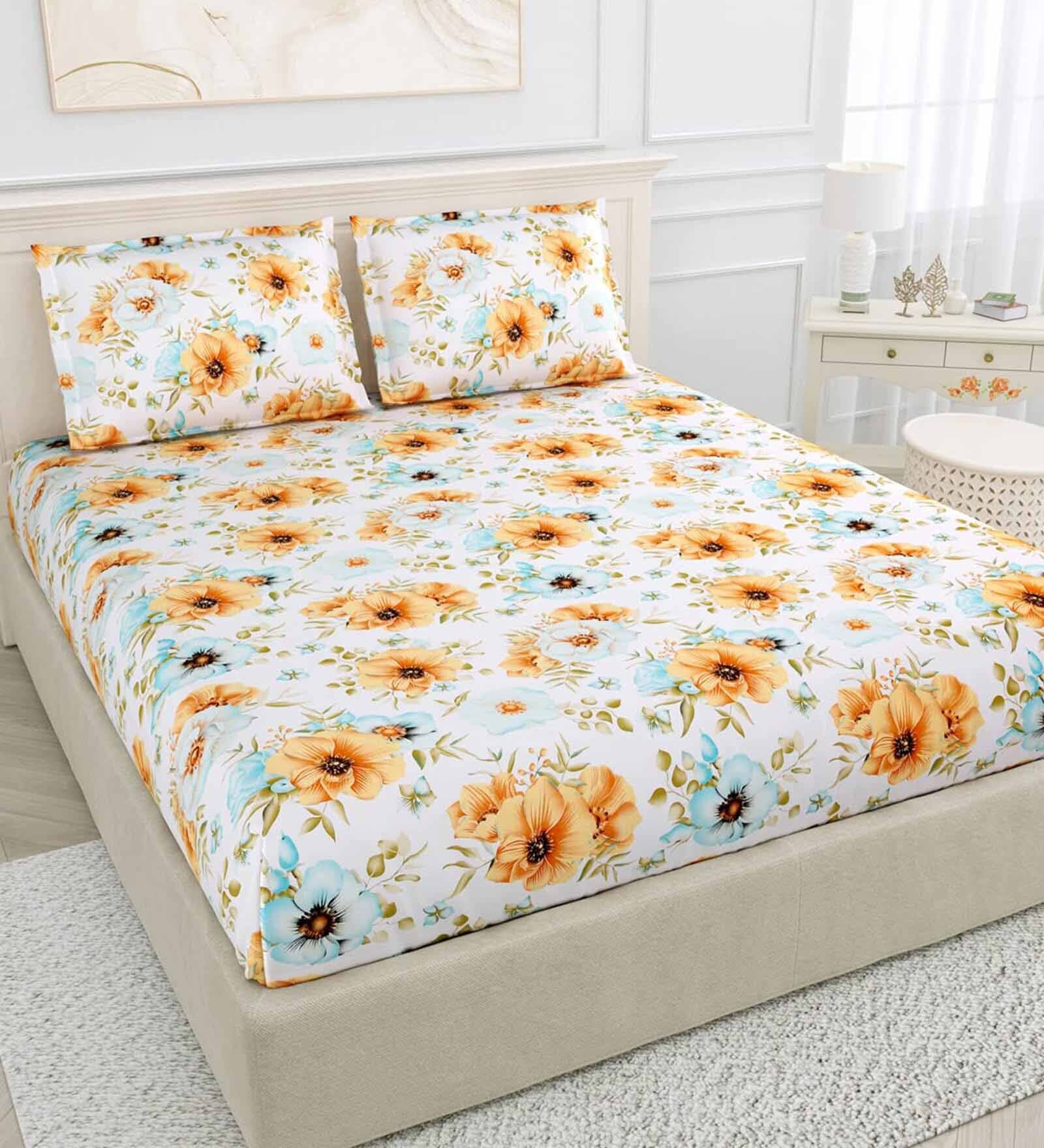 Yellow Floral 144 TC Cotton Queen Sized Bed Sheets with 2 Pillow Covers