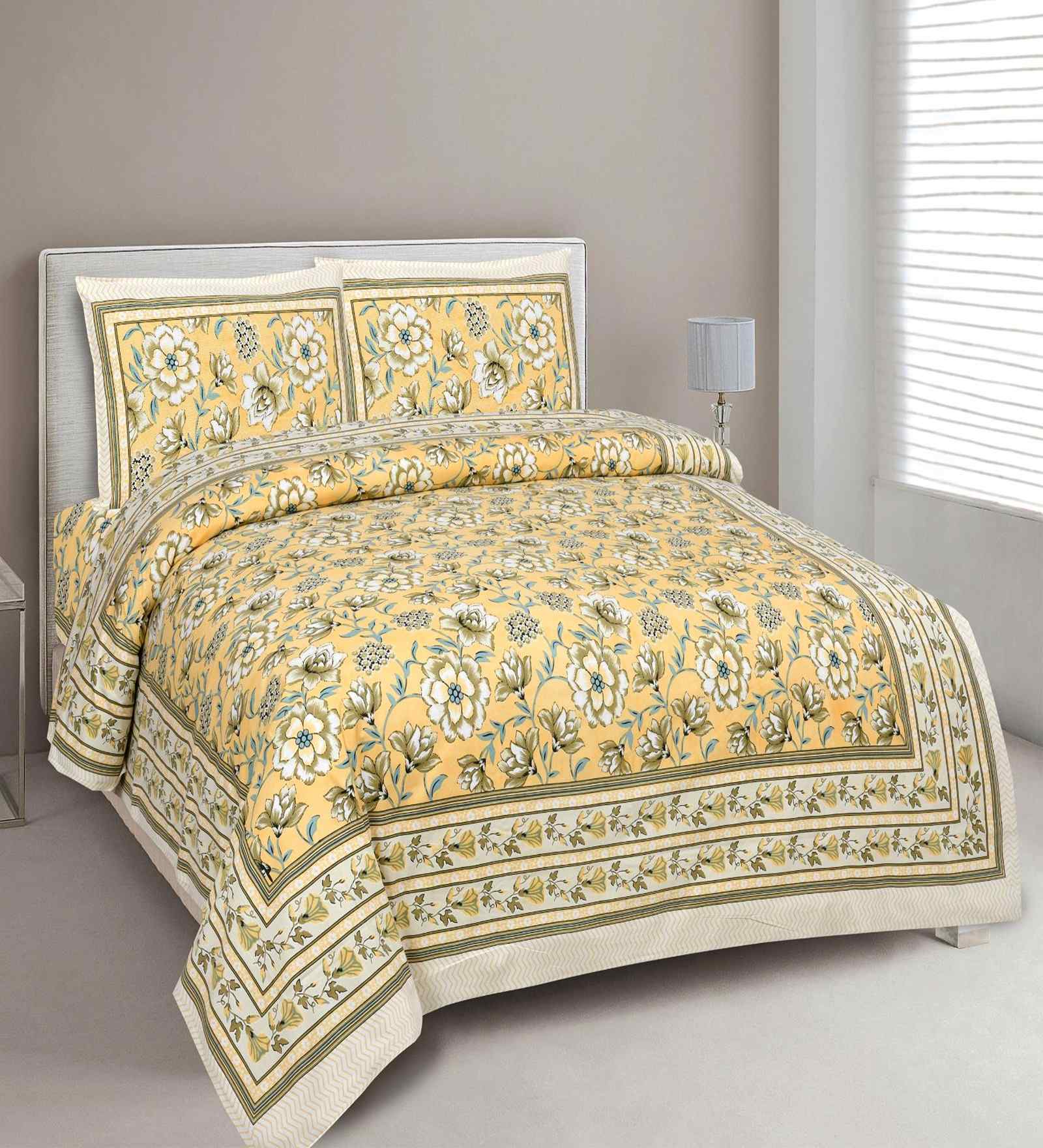 Yellow Floral 180 TC Cotton  King Sized Bedsheet with 2 Pillow Covers