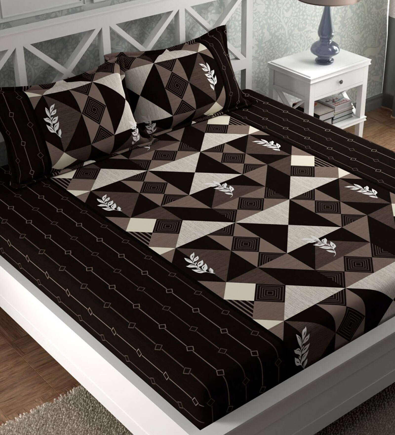 Brown Geometric 200 TC 100% Cotton Queen Size Bedsheet with 2 Pillow Covers