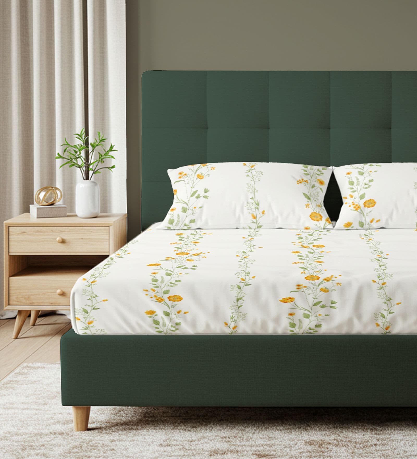 Yellow Floral 200 TC Cotton Double Bedsheet with 2 Pillow Covers