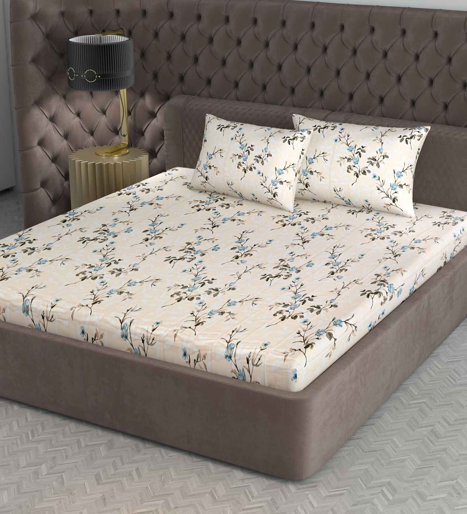 Yellow Floral 200 TC Cotton King Bedsheet with 2 Pillow Covers