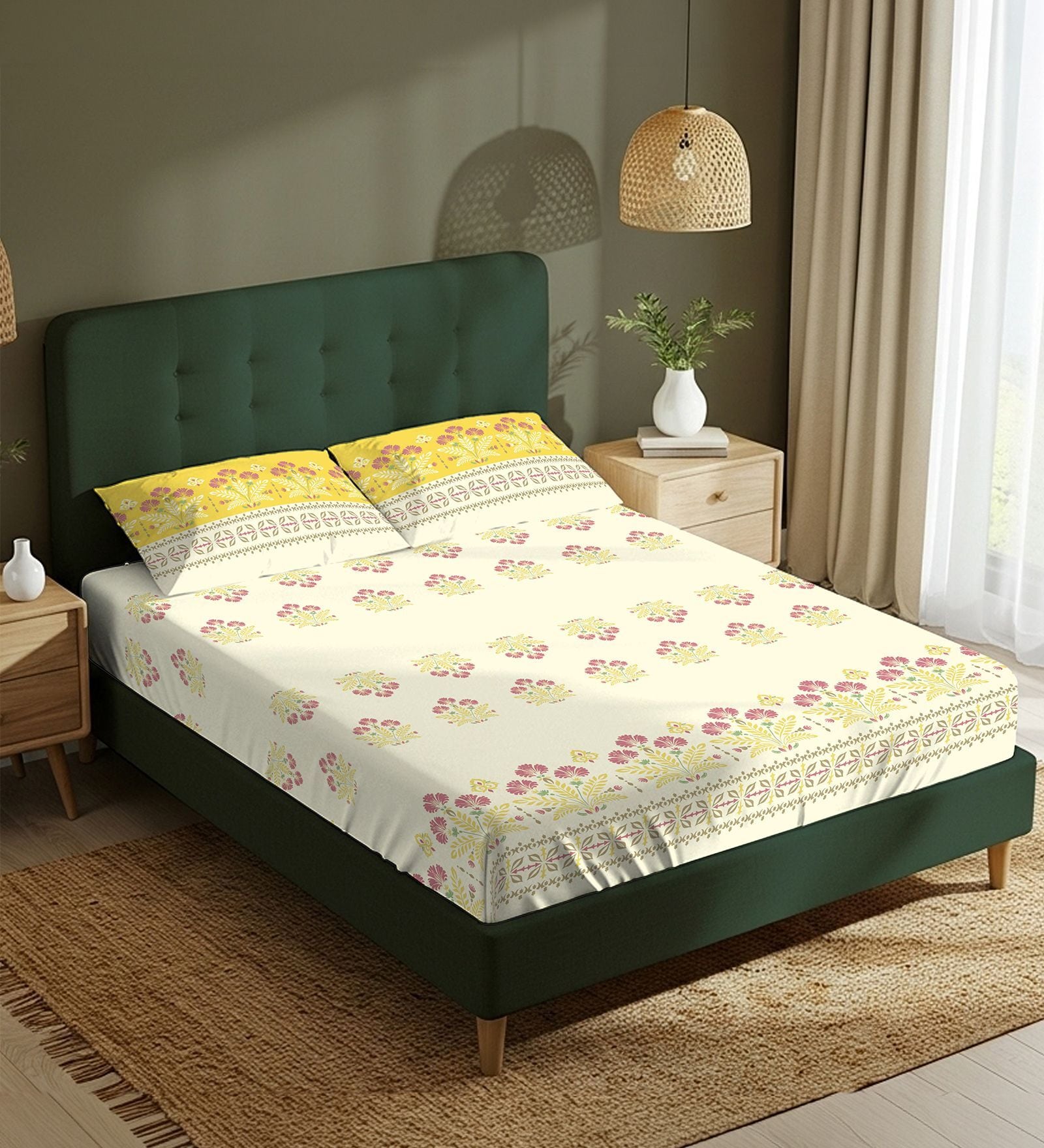 Yellow Floral 200 TC Cotton King Sized Bedsheet with 2 Pillow Covers