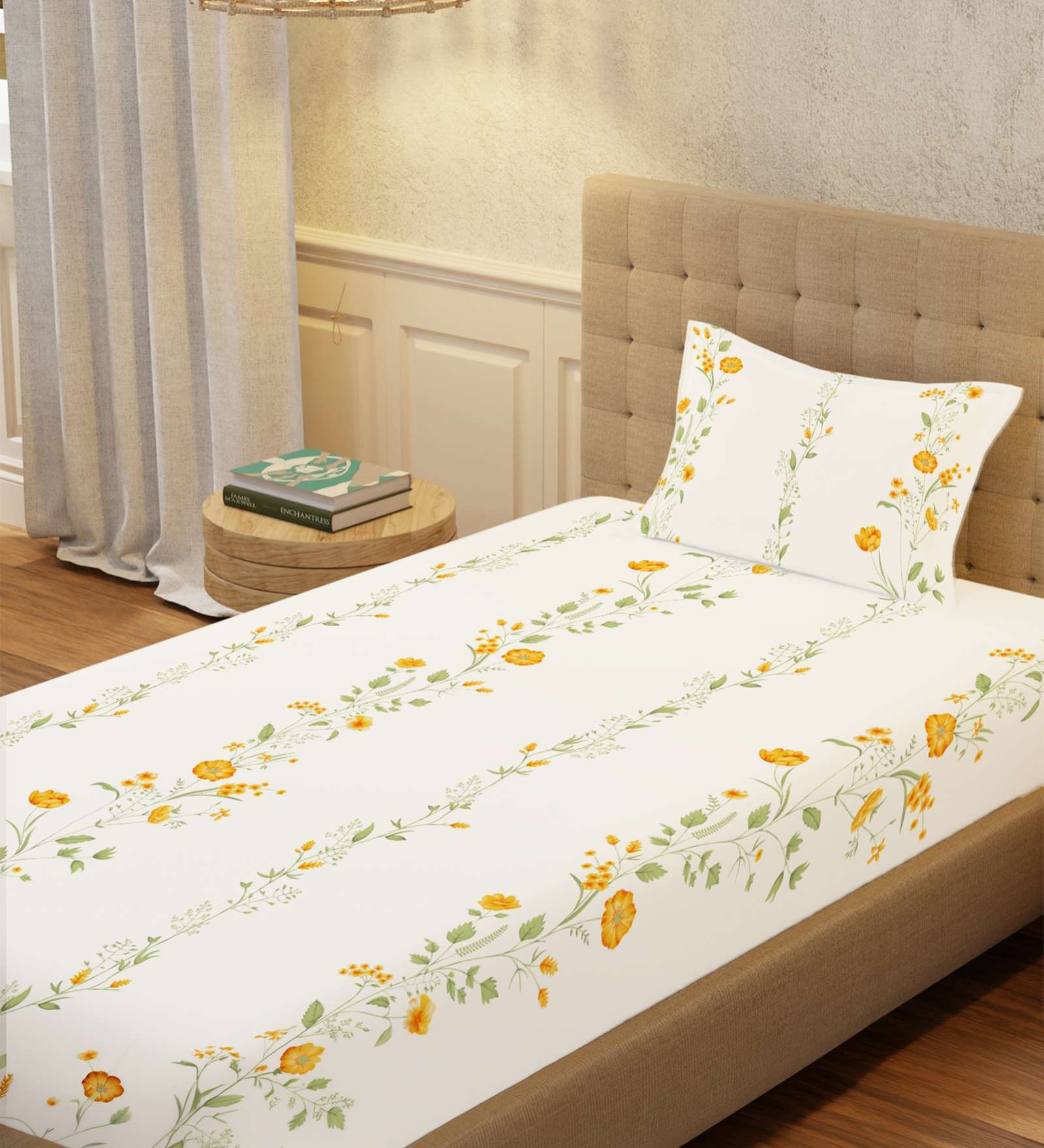 Yellow Floral 200 TC Cotton Single Bedsheet with 1 Pillow Cover
