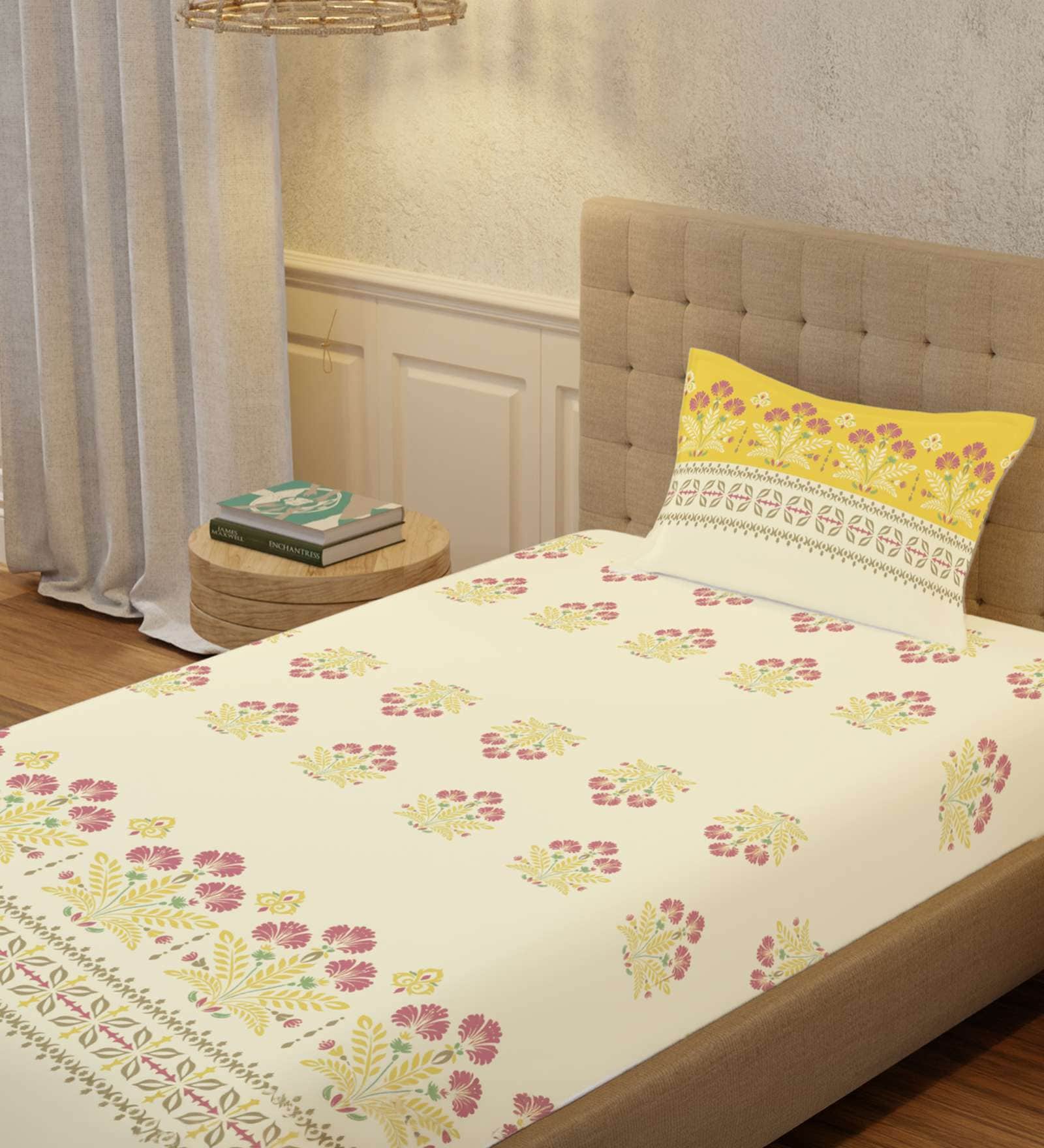 Yellow Floral 200 TC Cotton Single Bedsheet with 1 Pillow Cover