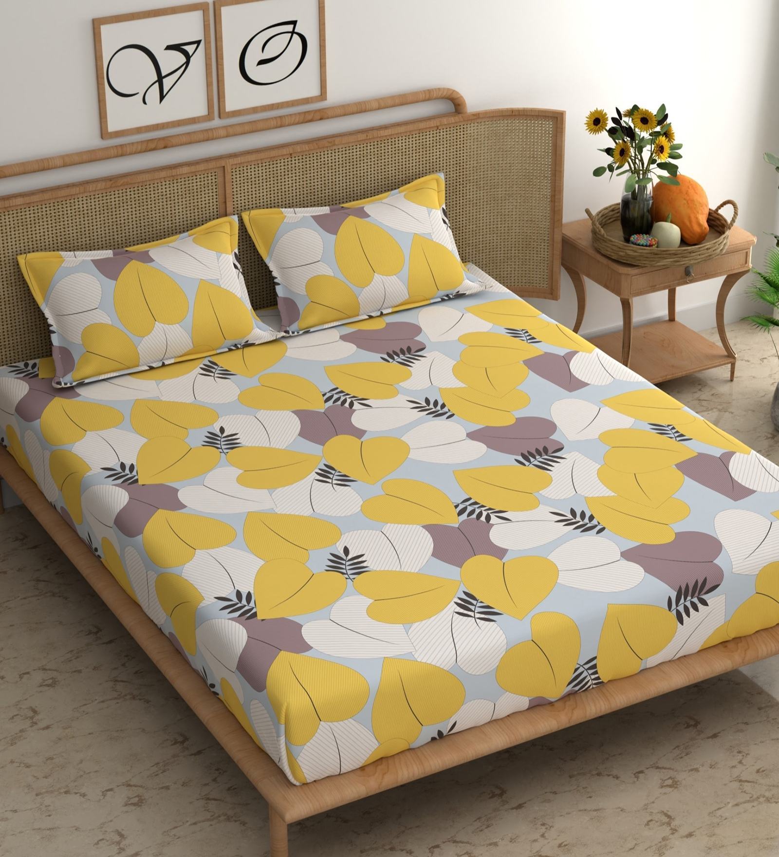 Buy Yellow Floral 210 TC Microfiber Double King Size Bedsheet With 2 ...