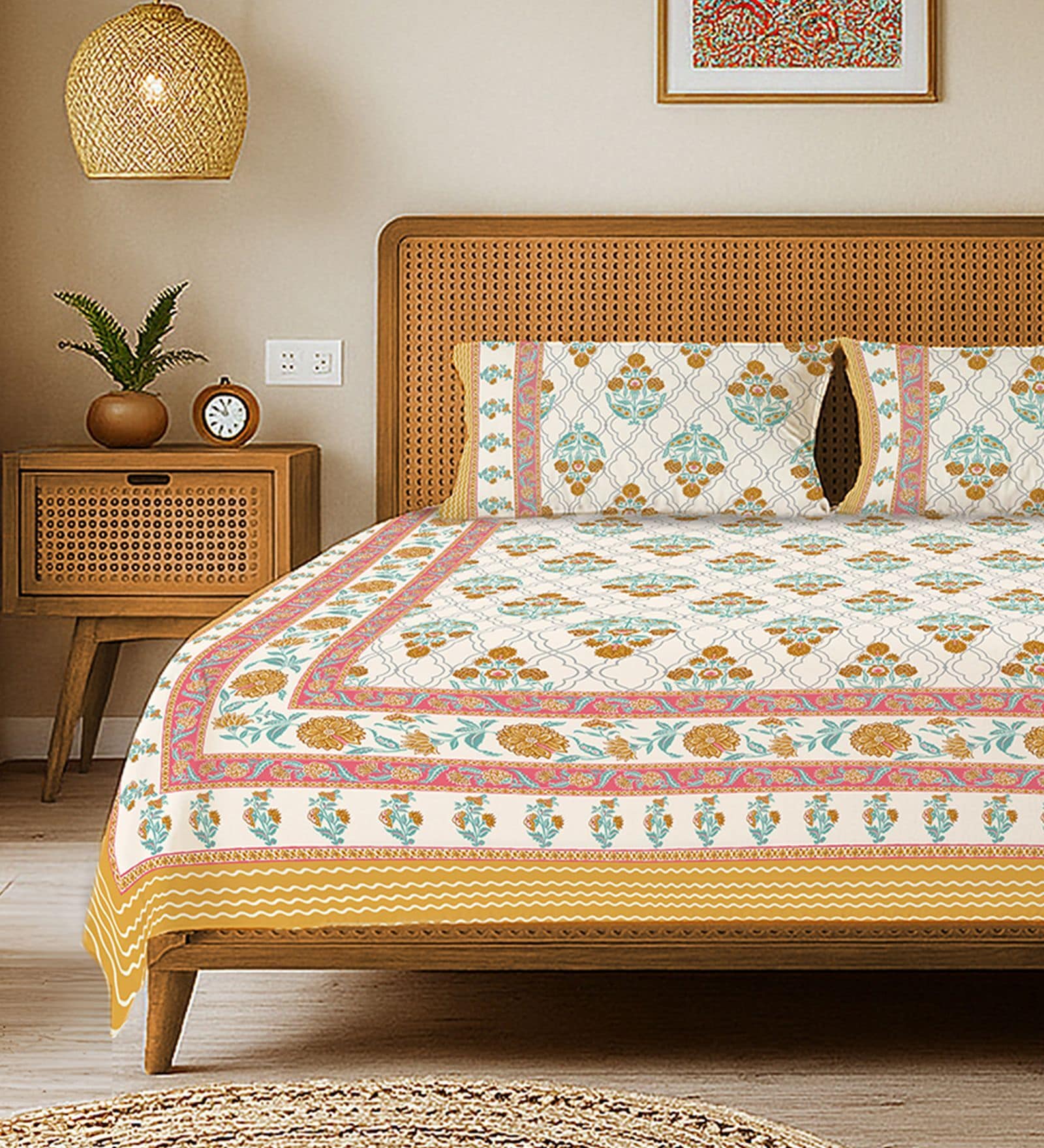 Yellow Floral 240 TC Cotton King Sized Bedsheet with 2 Pillow Covers