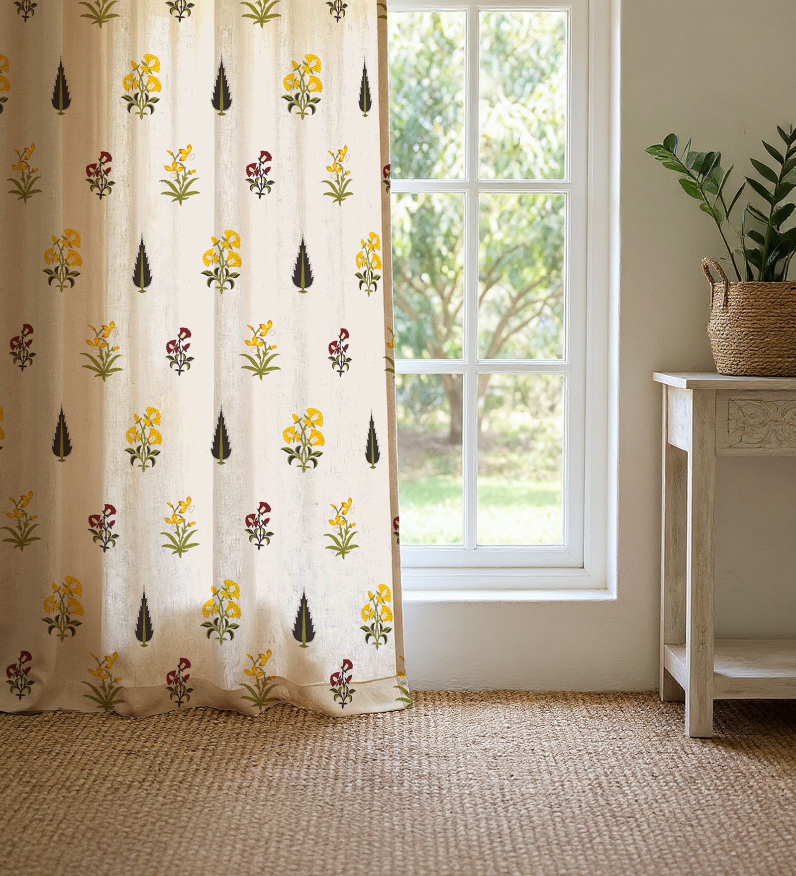 Yellow Cotton Floral 5 Ft Eyelet Window Curtains (Set Of 2)