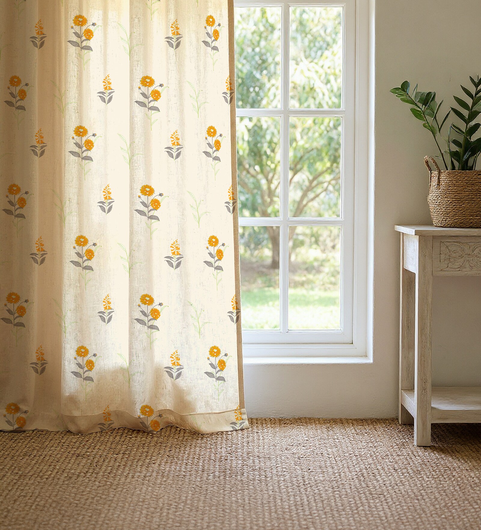 Yellow Cotton Floral 5 Ft Eyelet Window Curtains (Set Of 2)