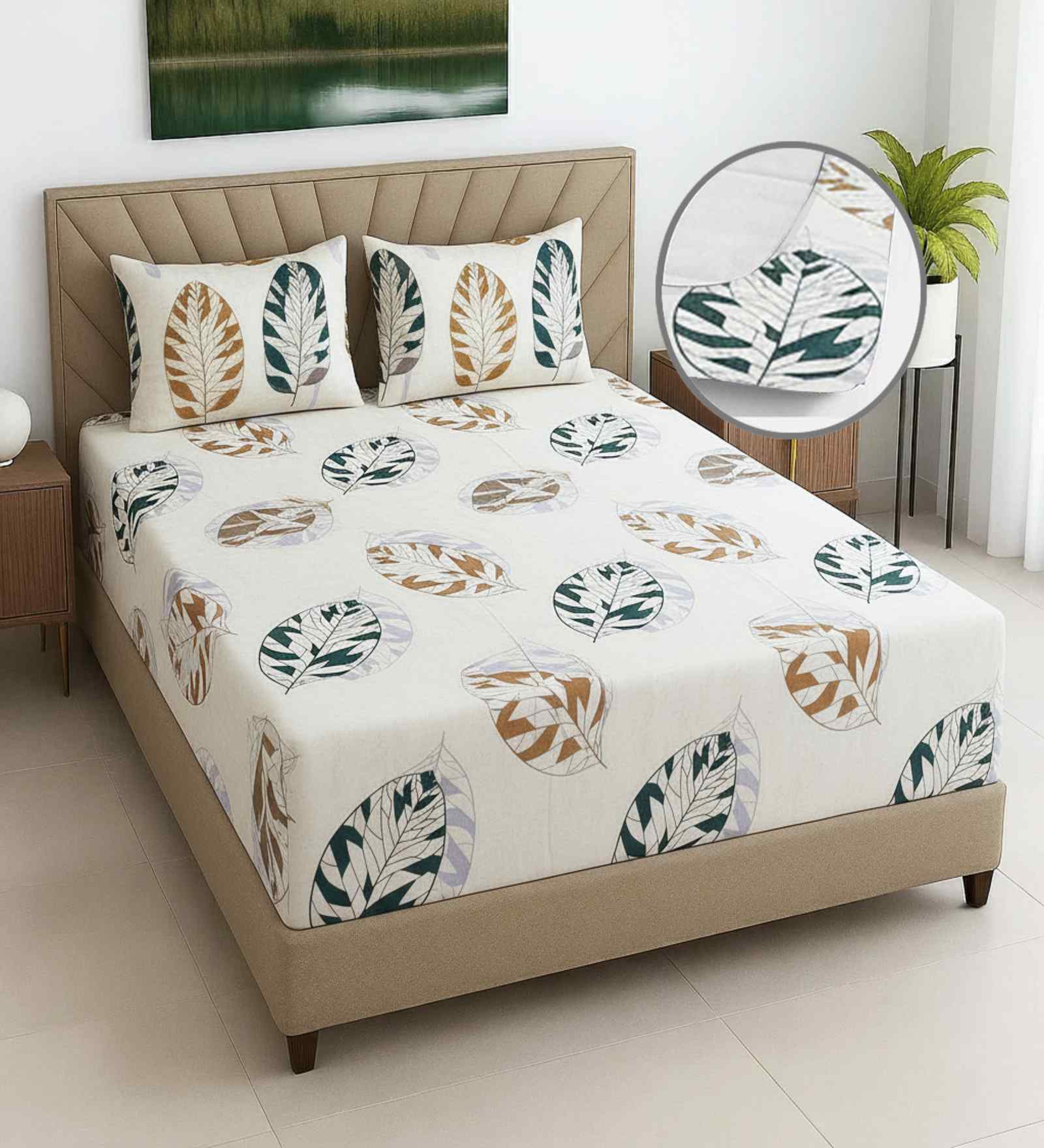 Yellow Floral 270 TC Polcotton Queen Sized  Fitted Double Bedsheet with 2 Pillow Covers Luxury Series Collection