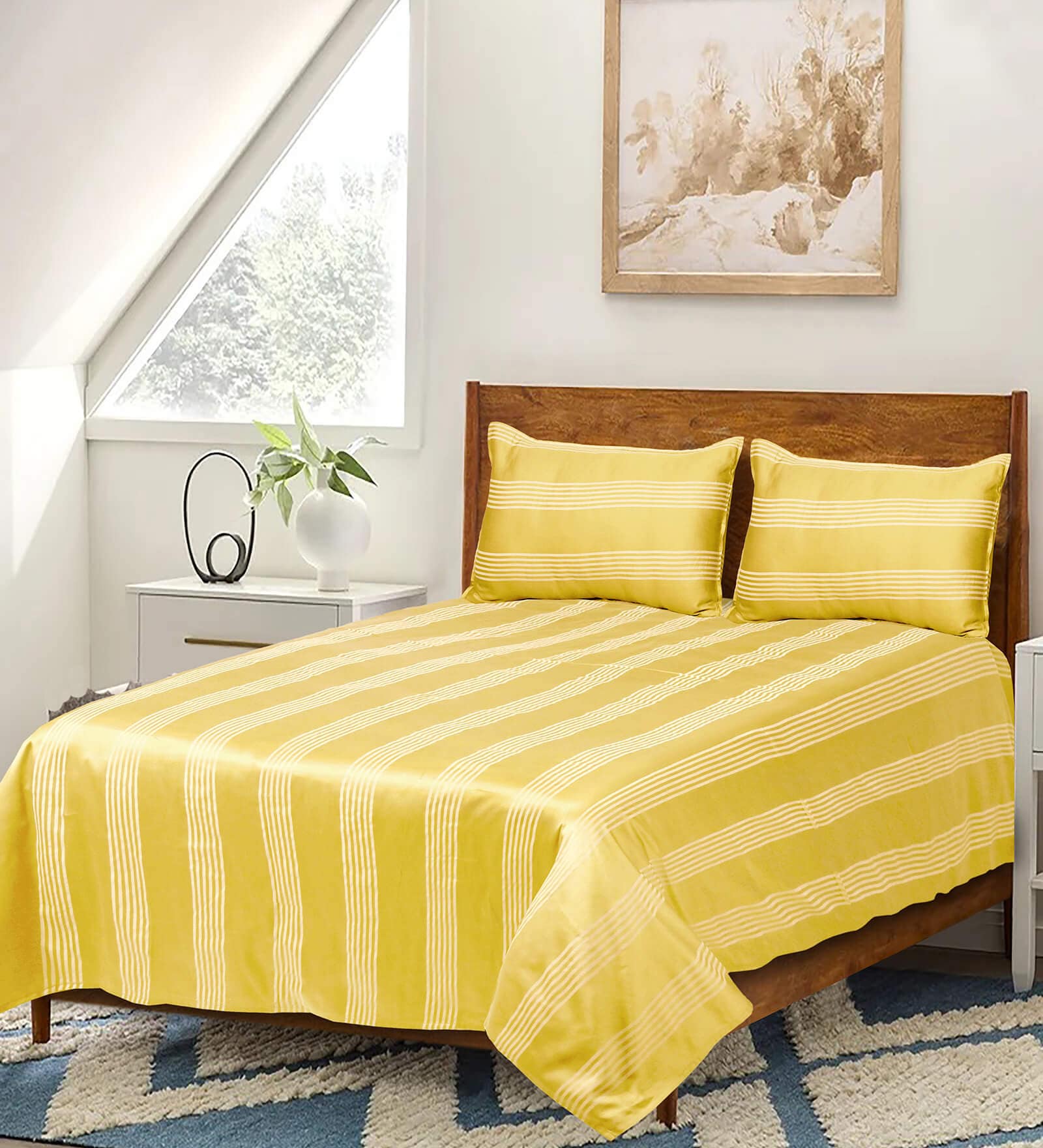 Yellow Striped 300 TC Cotton Queen Bedsheet with 2 Pillow Covers