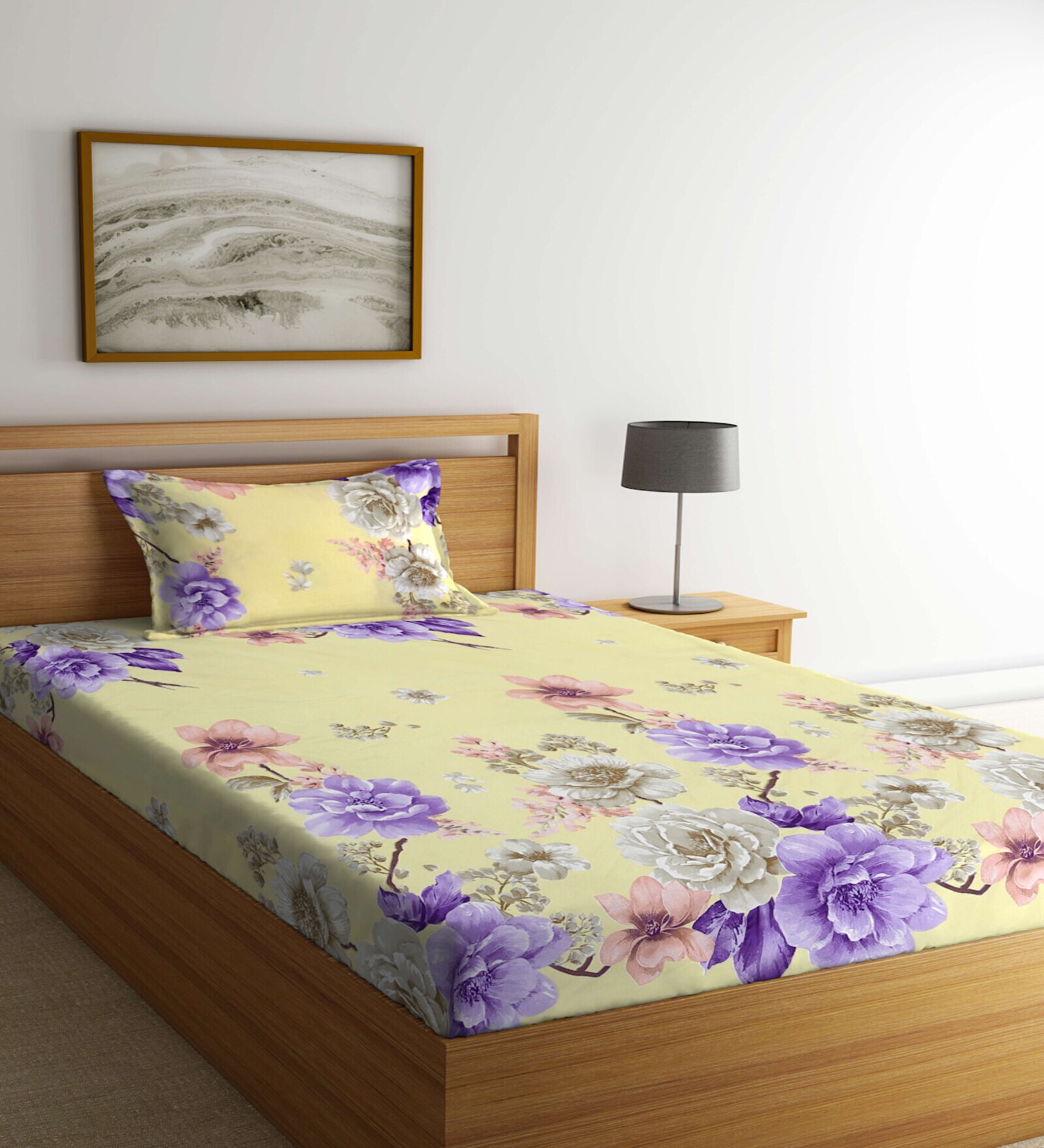 Yellow Floral 300 TC Cotton Single Bedsheet with 1 Pillow Cover
