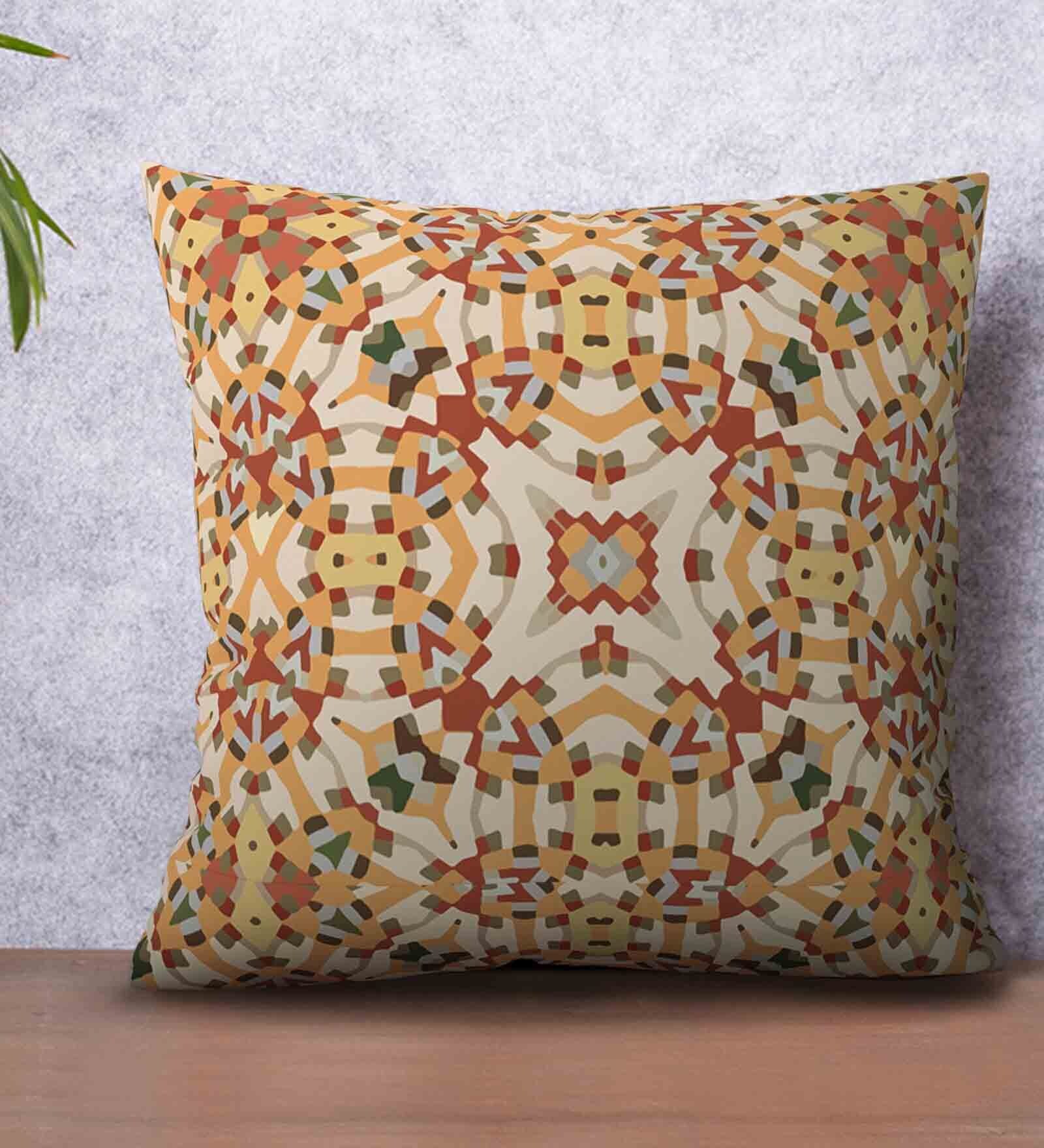 Yellow - Block Printed Cotton Ajrakh Cushion Cover (16 x 16 in) 09