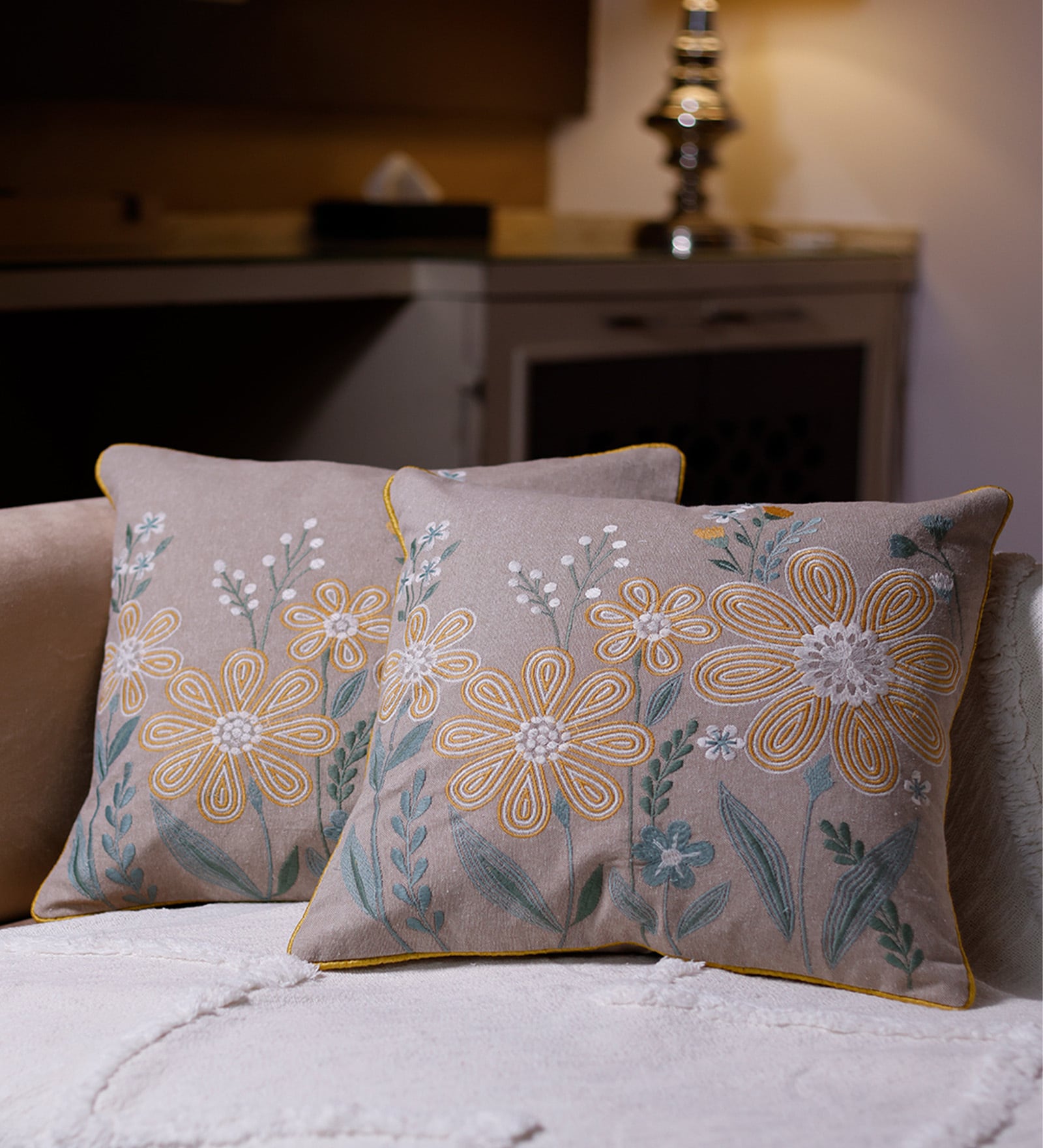 Yellow Floral Cotton Hand Crafted Cushion Covers