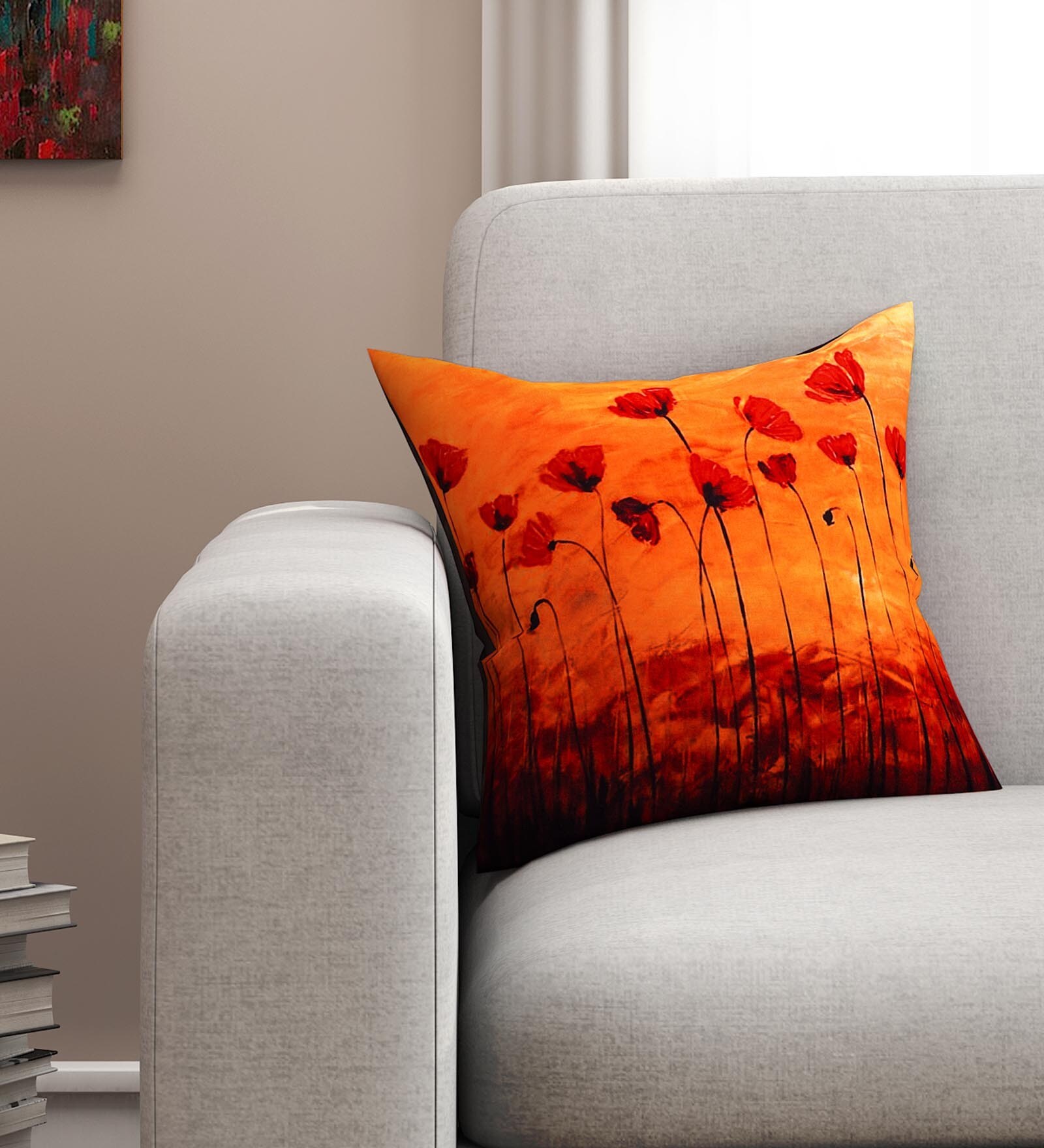 Buy Orange Florals Poly Cotton 16 x 16 Inches Cushion Cover by SEJ By Nisha Gupta Online