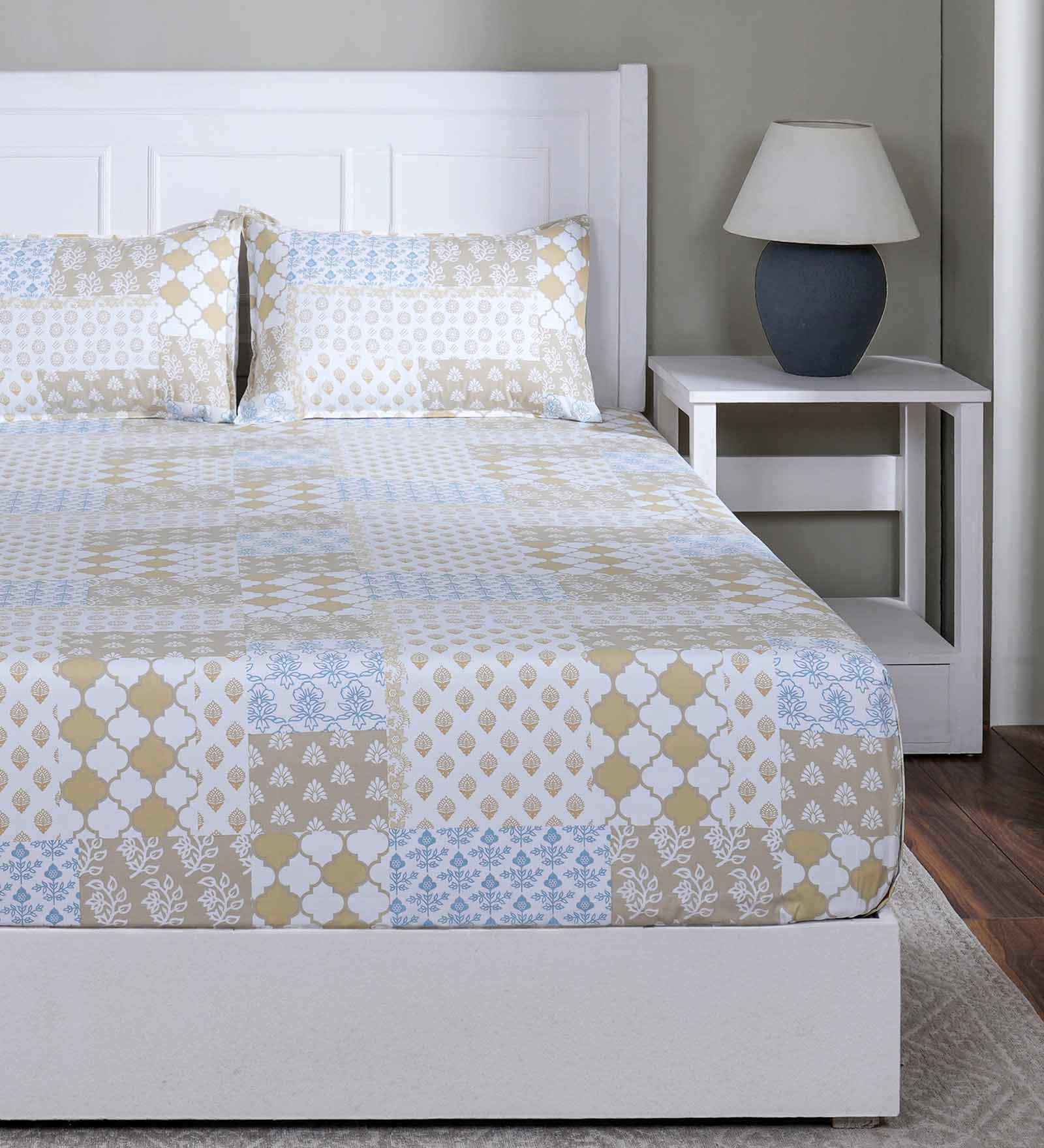 Yellow Floral Print 144 TC Cotton Double Bed Fitted Sheet with 2 Pillow Case Sensory Bloom Collection