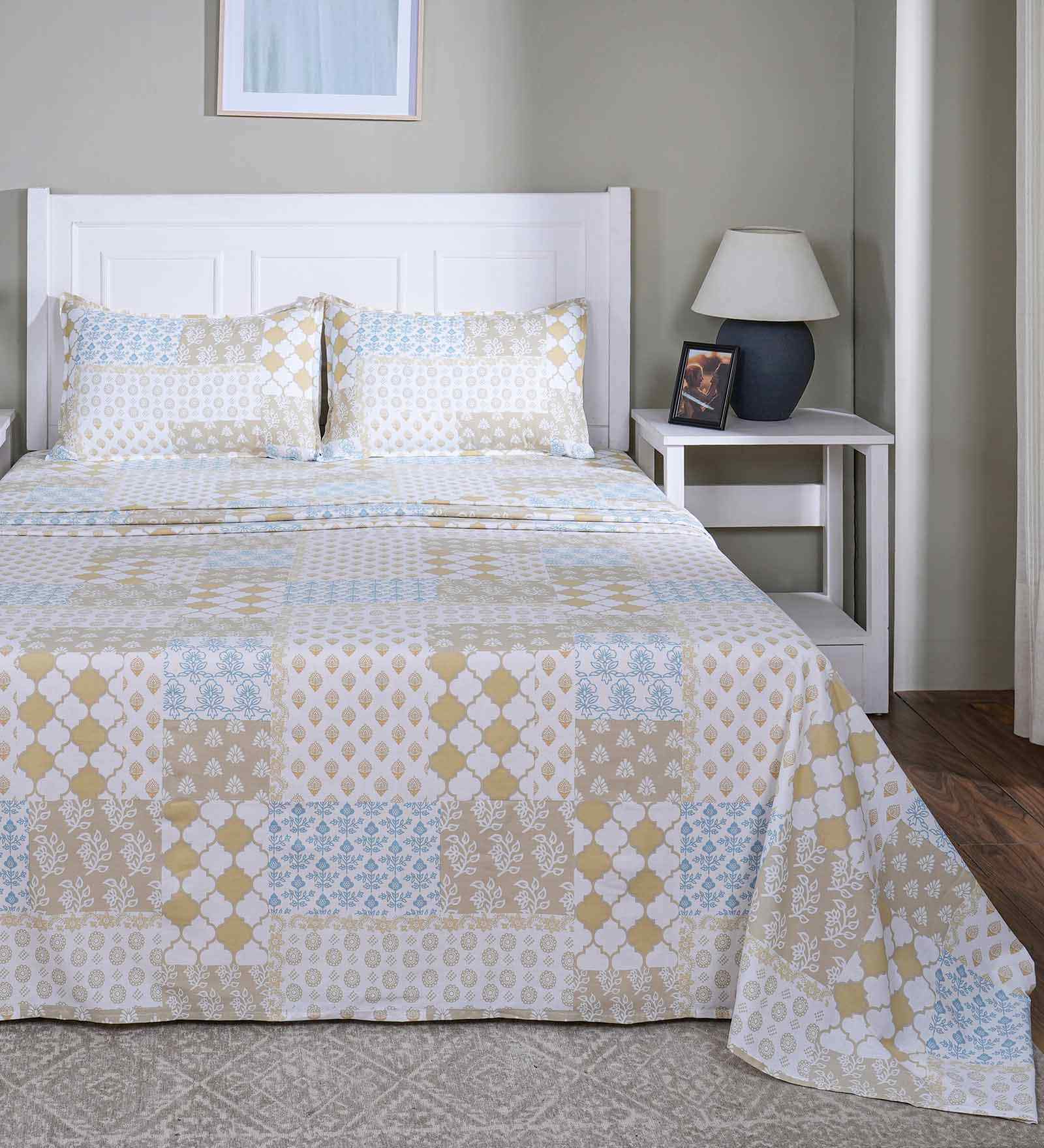 Yellow Floral Print 144 TC Cotton Single Bed Sheet with 1 Pillow Cover Sensory Bloom Collection