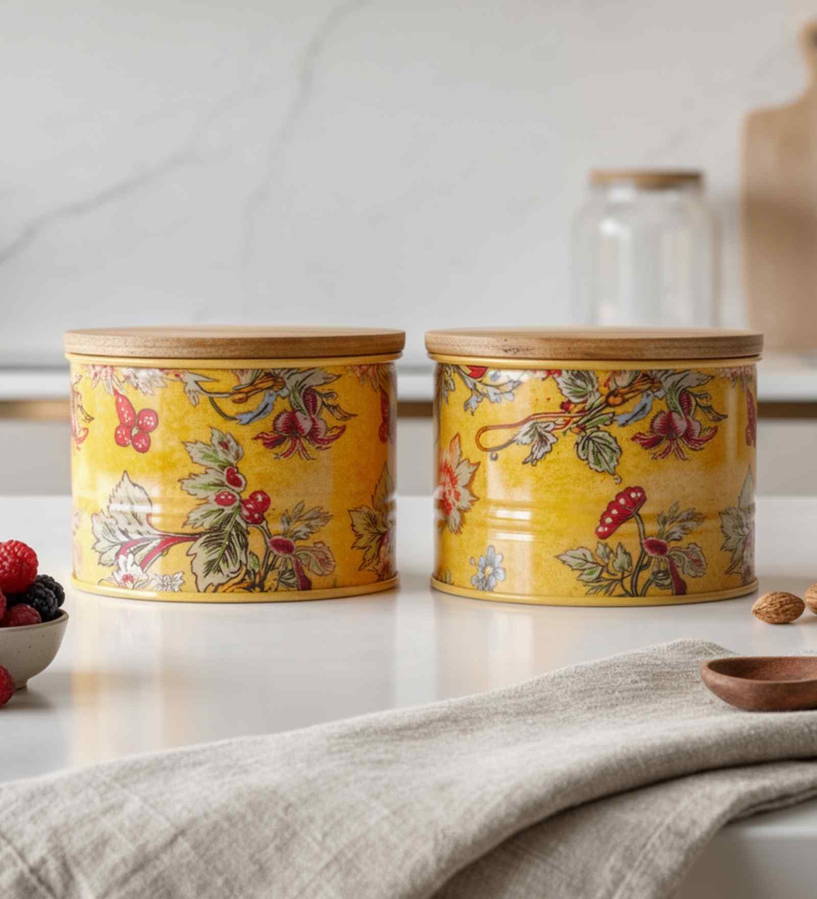 Yellow Floral Printed Metal Airtight Containers Set Of 2