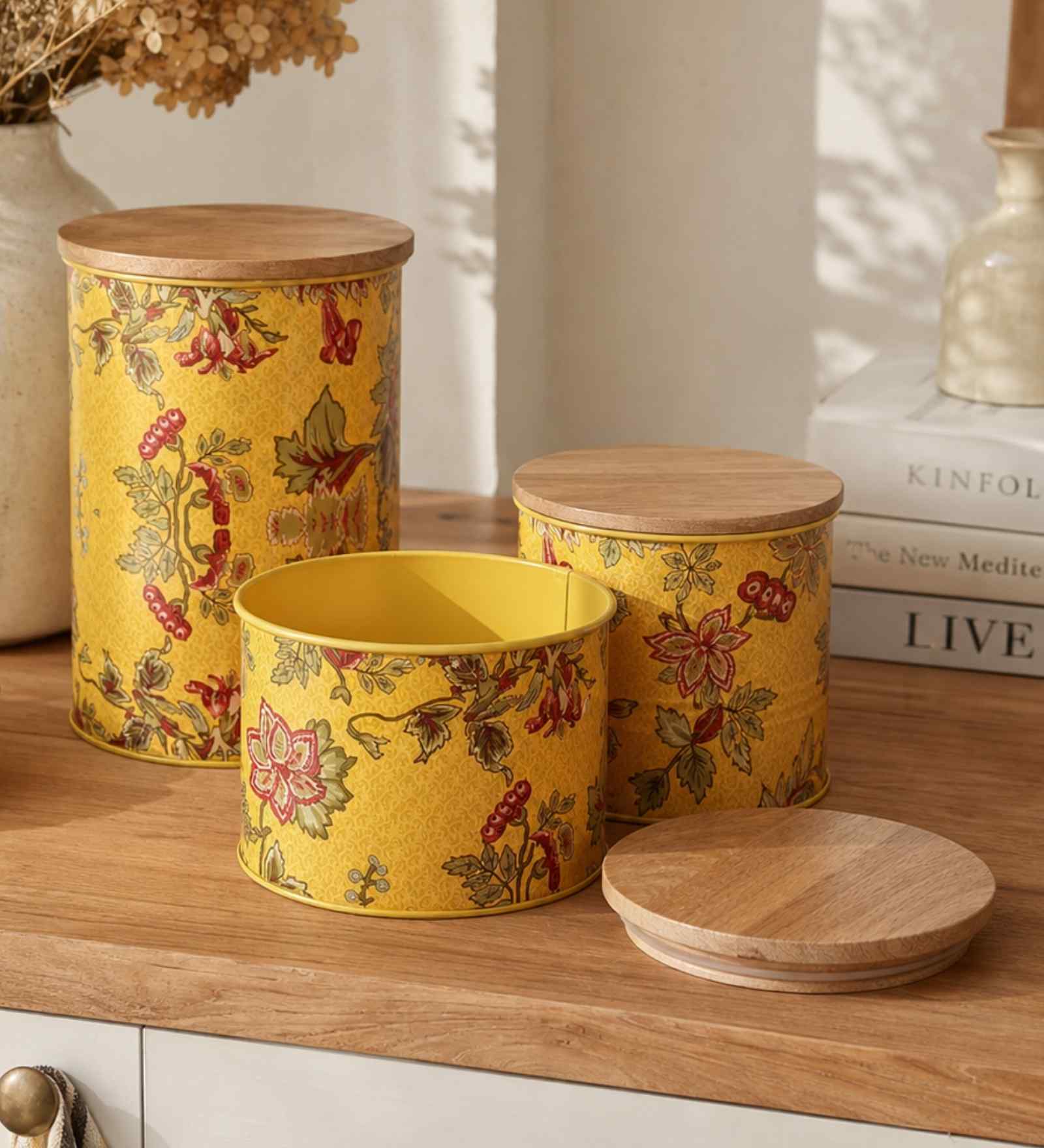 Yellow Floral Printed Metal Airtight Containers With Wooden Lids Set Of 3