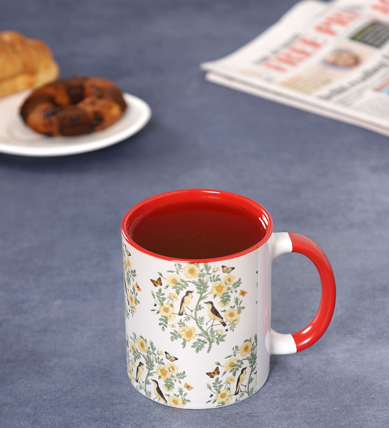 Yellow Flower & Two Birds with Inside Colour Red Printed Coffee Mug 320ml
