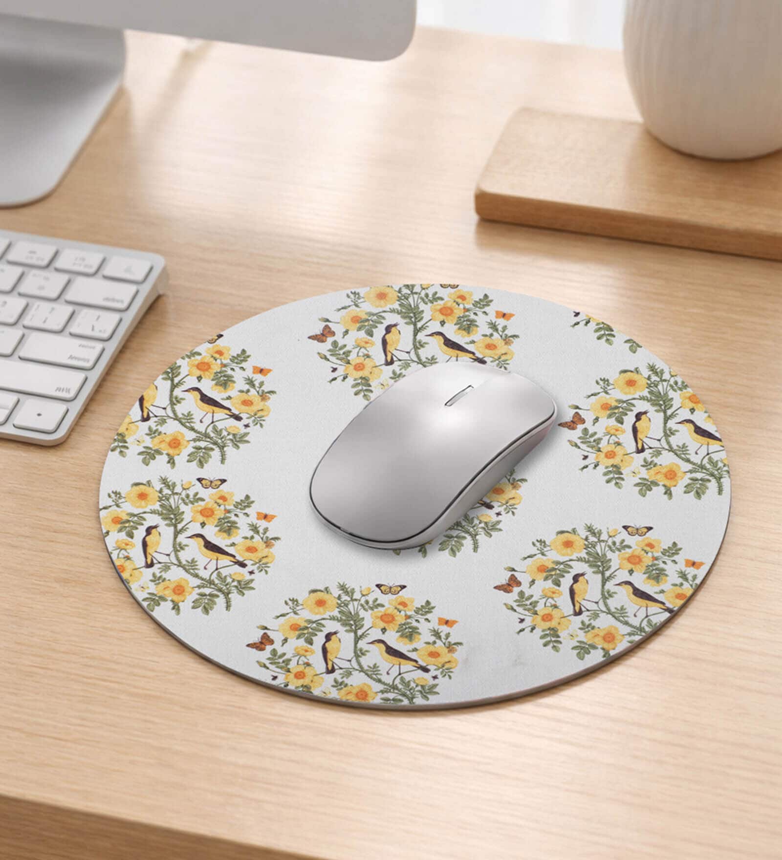 Yellow Flower with Two Birds Printed Round Mousepad