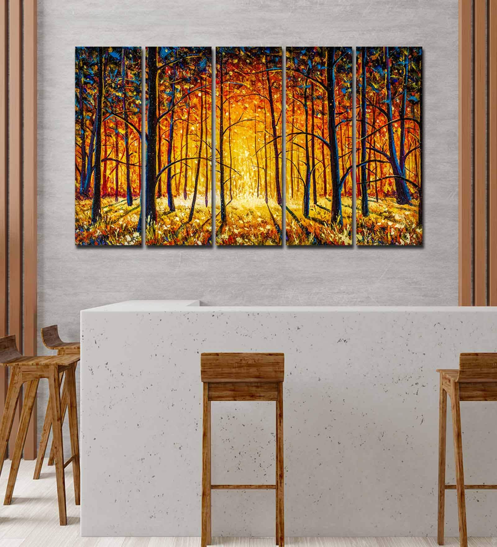 Yellow Forest Yellow Canvas Framed Landscape Art Panel Set of 5