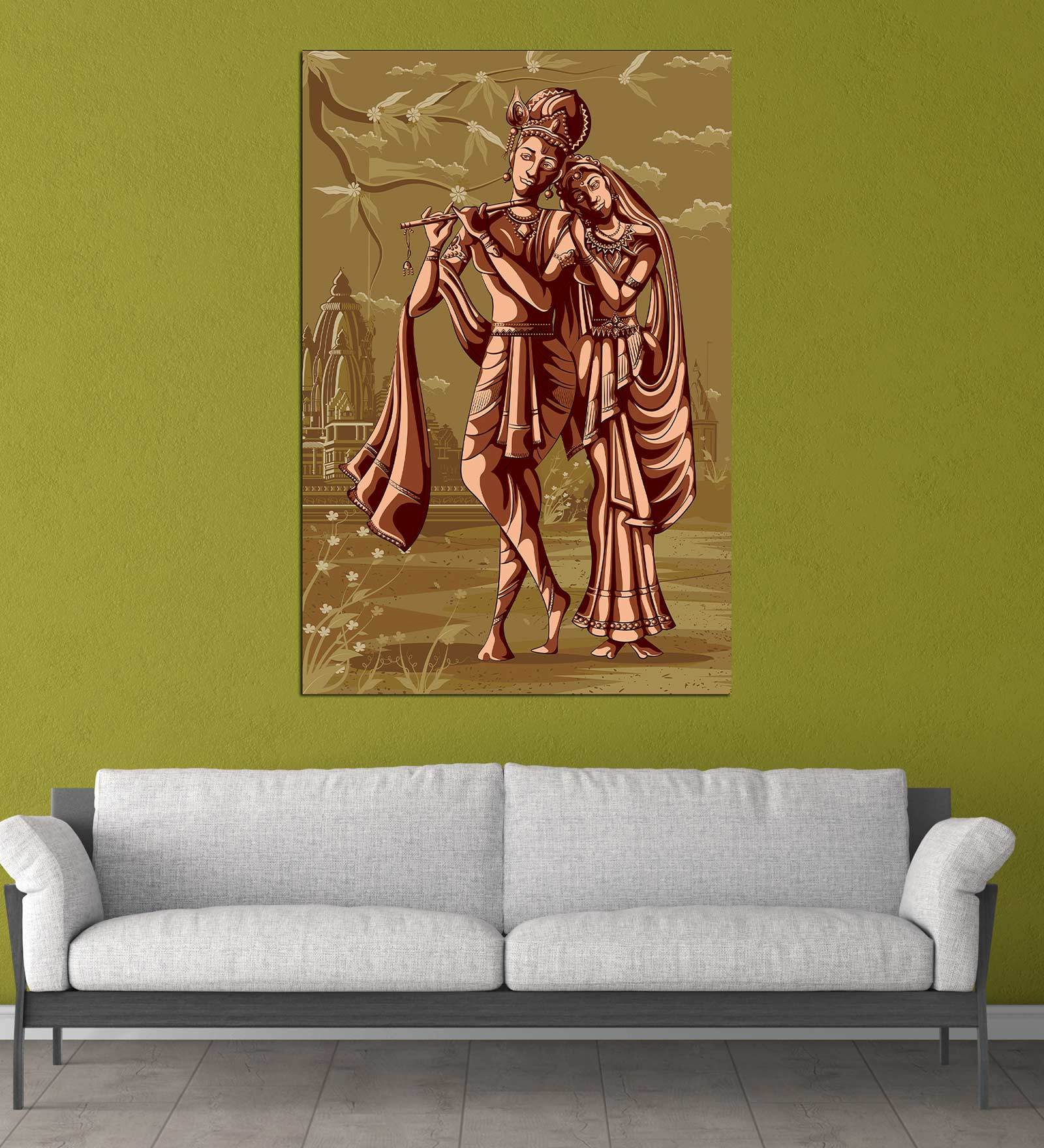 Radha Krishna In Yellow Canvas Framed Art Print (33 x 21 Inches)