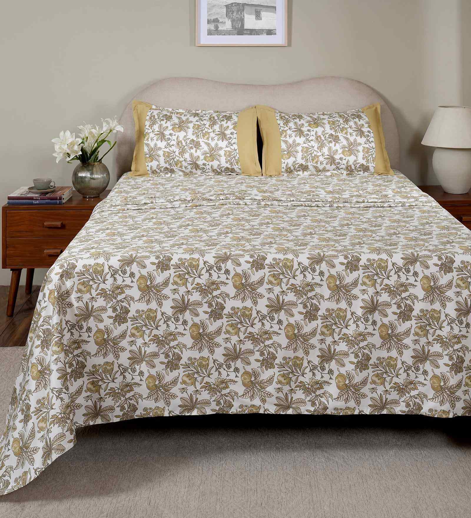 Yellow Fruit Print 200 TC Cotton Double Bed Sheet with 2 Pillow Covers Sensory Bloom Collection
