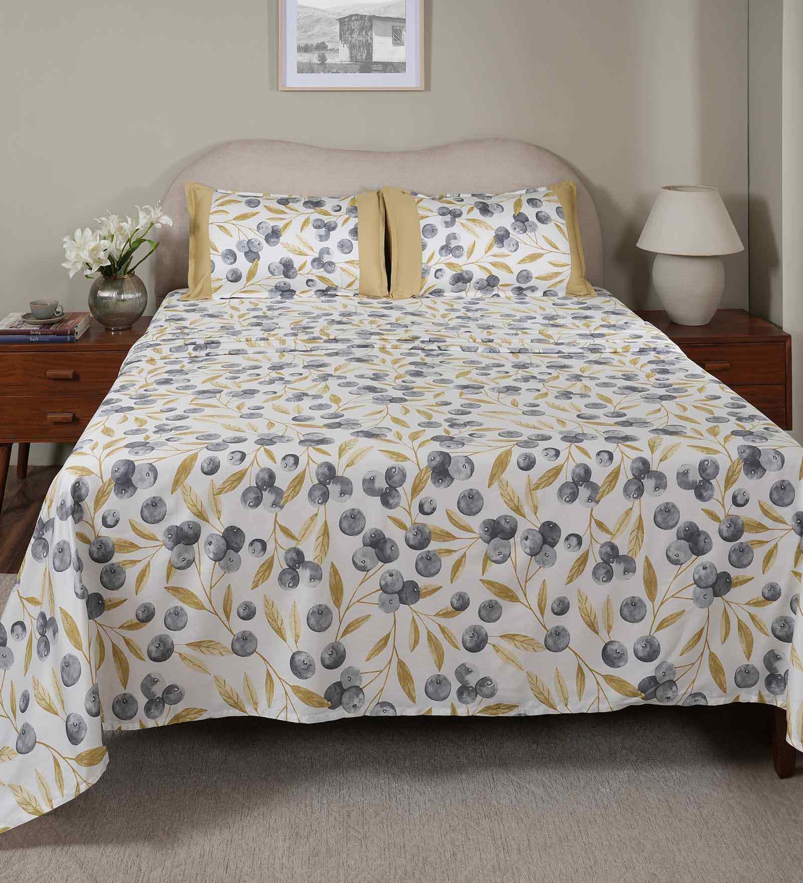 Yellow Fruit Print 200 TC Cotton Double Bed Sheet with 2 Pillow Covers Sensory Bloom Collection