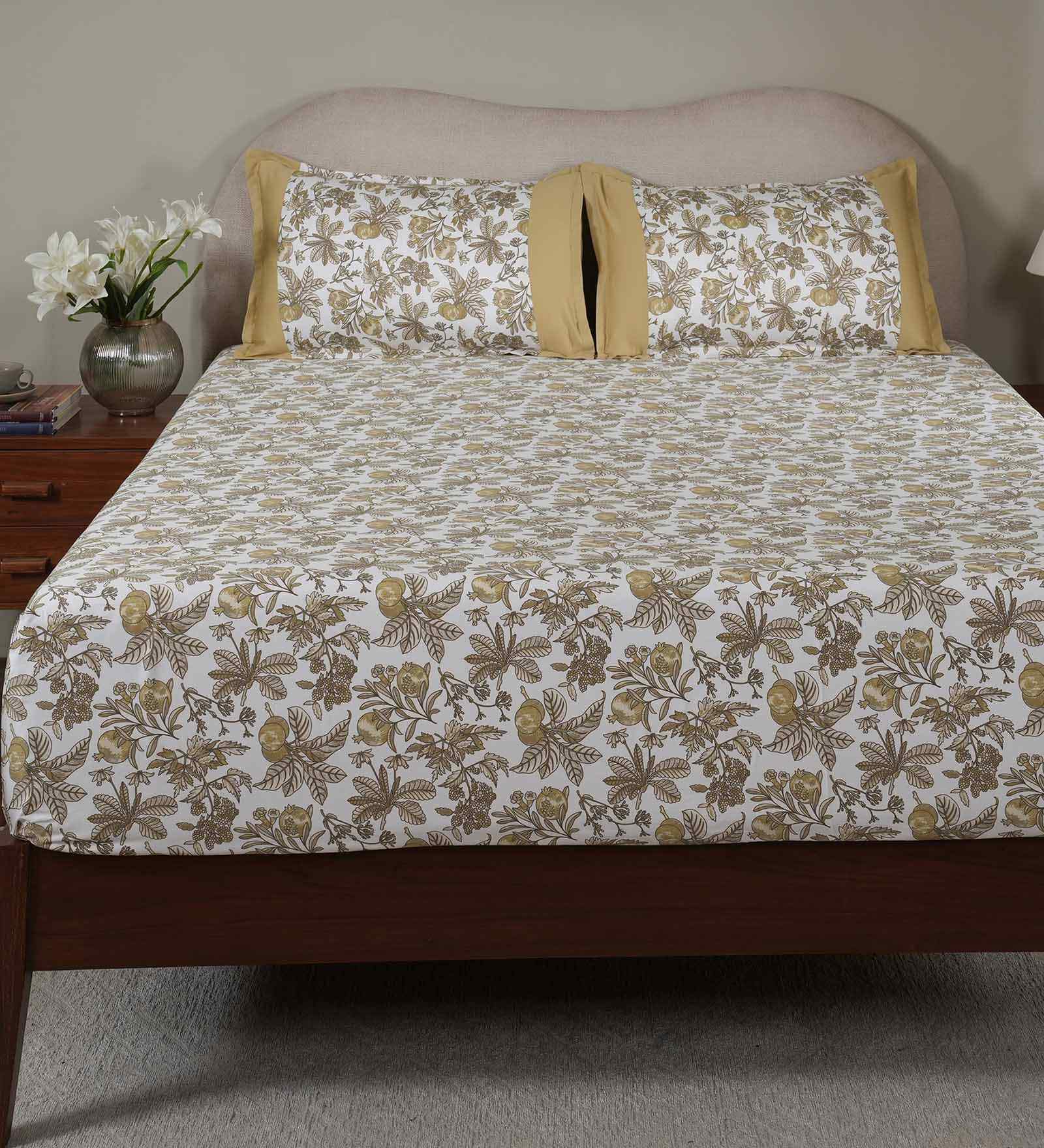 Yellow Fruit Print 200 TC Cotton Single Bed Fitted Sheet with 1 Pillow Cover Sensory Bloom Collection