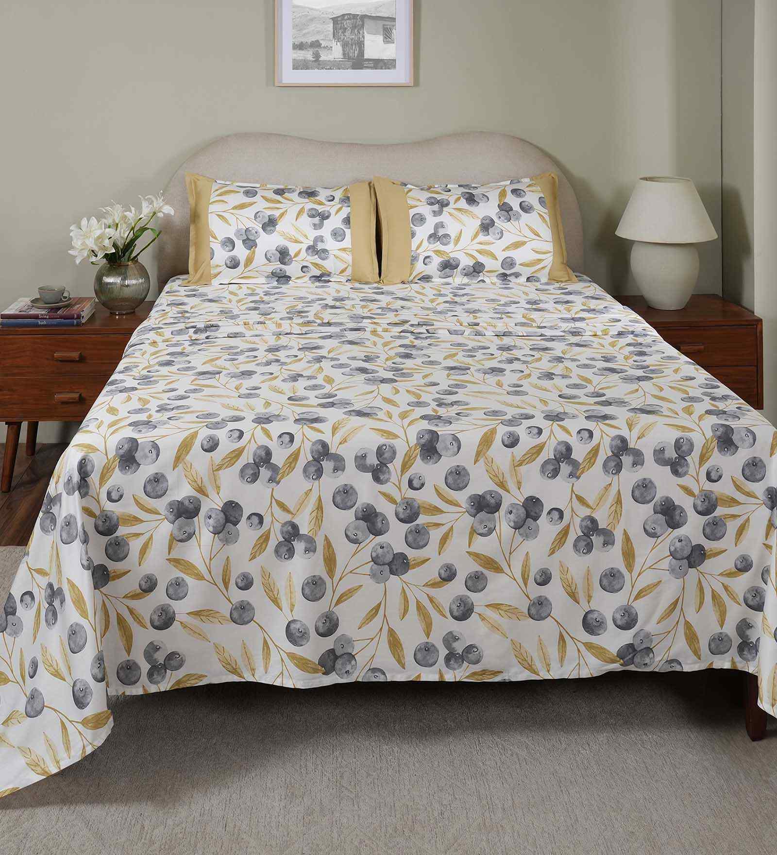 Yellow Fruit Print 200 TC Cotton Single Bed Sheet with 1 Pillow Cover Sensory Bloom Collection