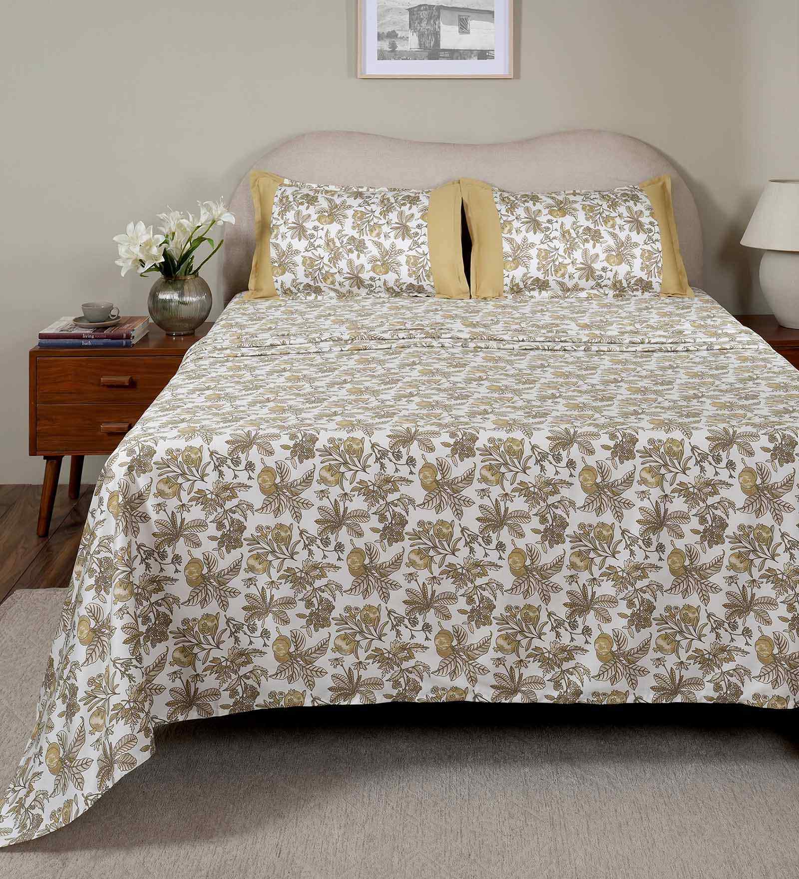 Yellow Fruit Print 200 TC Cotton Single Bed Sheet with 1 Pillow Cover Sensory Bloom Collection
