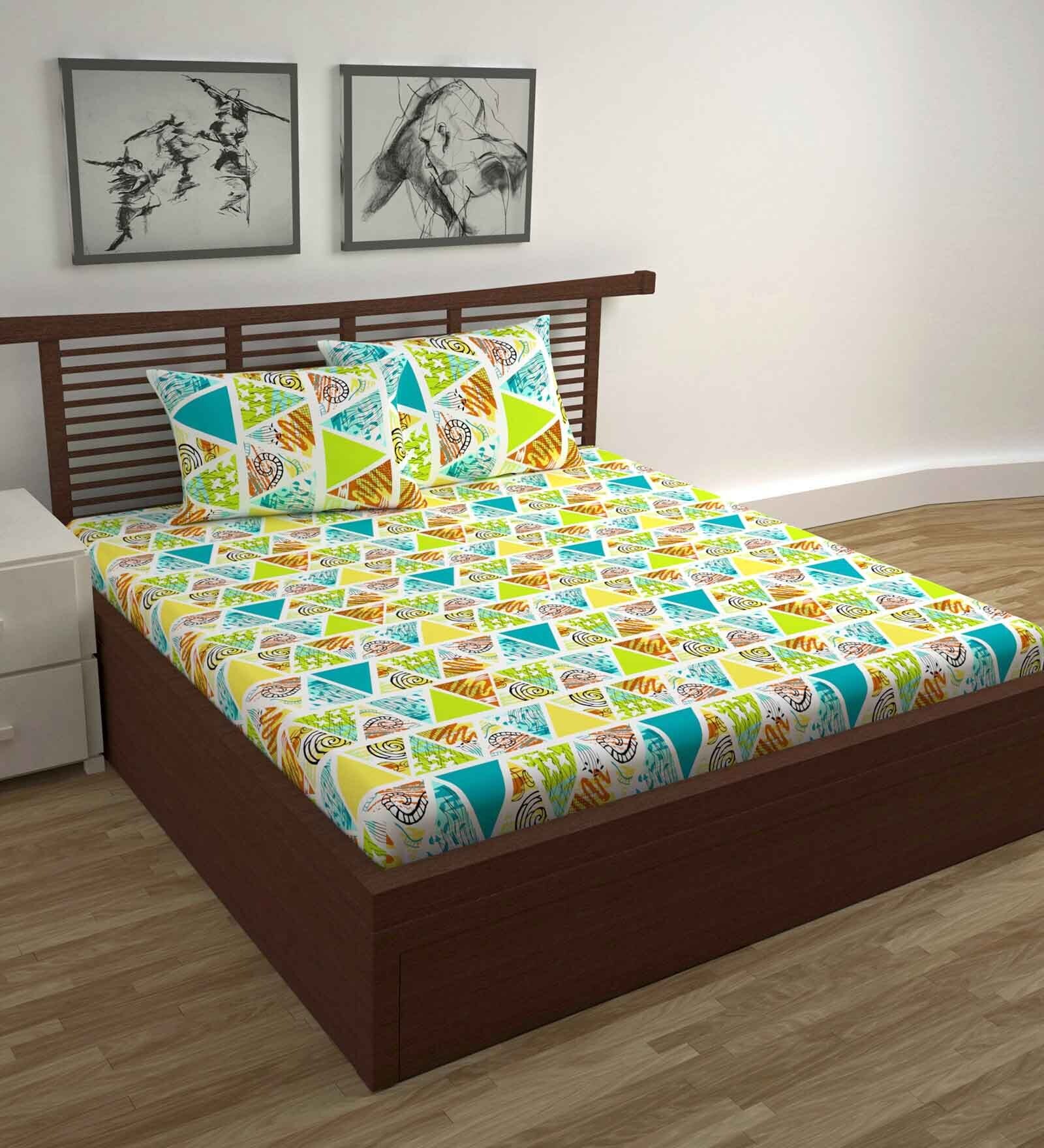 Yellow Geometric 144 TC Cotton Double Bedsheet with 2 Pillow Covers