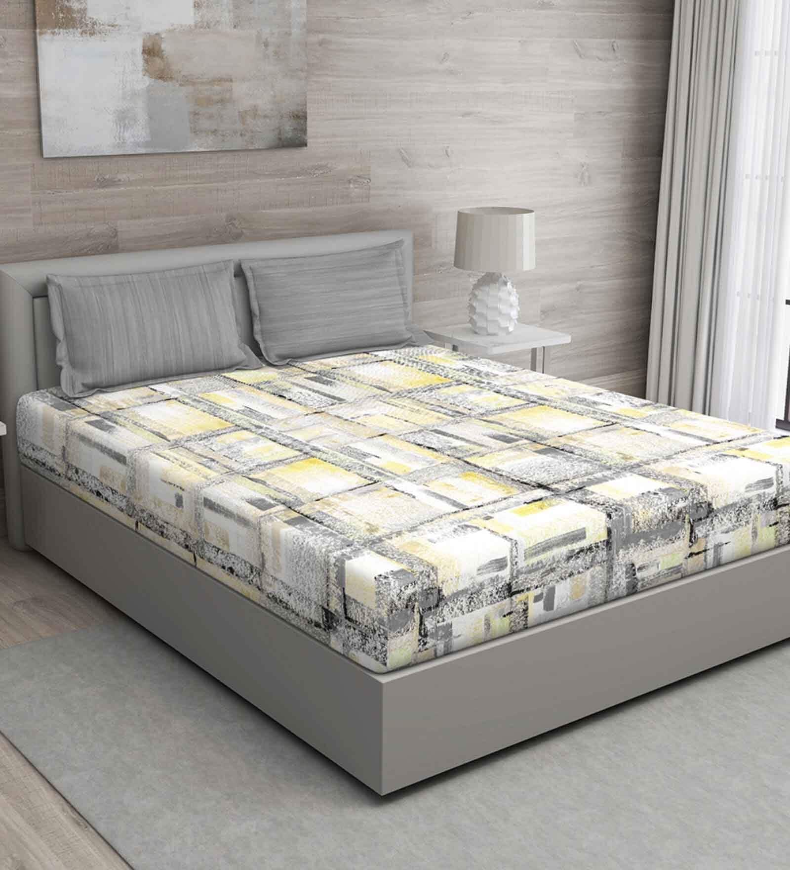 Yellow Checkered 144 TC Cotton Queen Sized Bed Sheets with 2 Pillow Covers