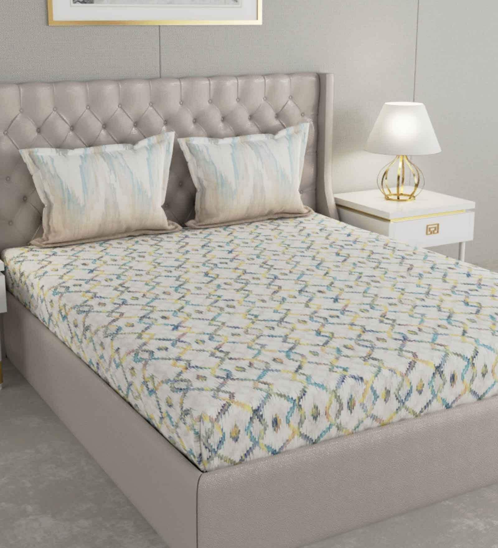 Yellow Abstract 144 TC Cotton Queen Sized Bed Sheets with 2 Pillow Covers