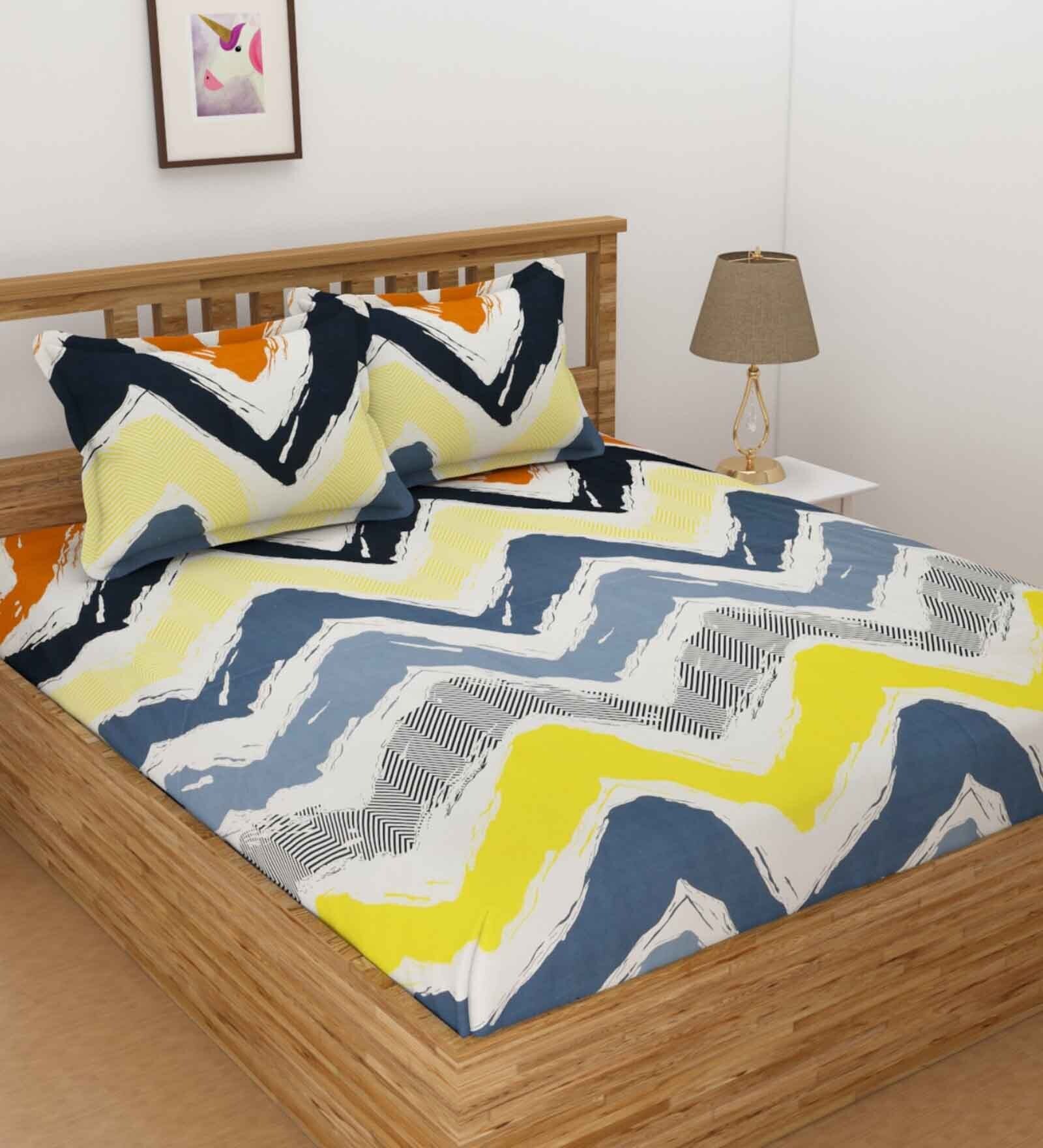 Yellow Geometric 144 TC Poly Cotton Queen Sized Bed Sheets with 2 Pillow Covers