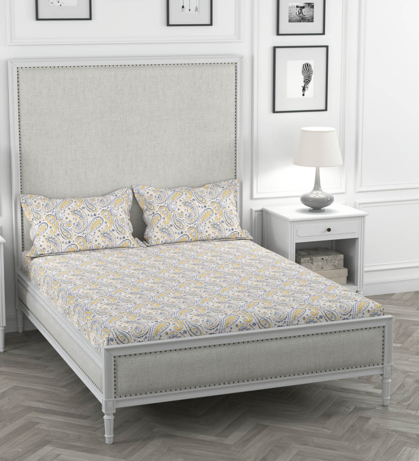 Yellow Geometric 200 TC 100% Cotton King Sized Bedsheet With 2 Pillow Covers Solana Collection