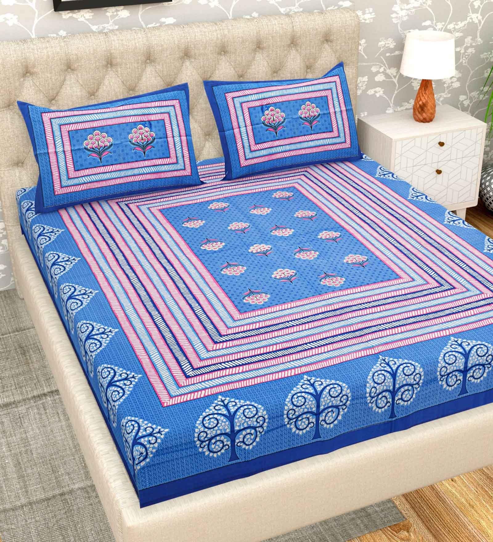 Blue Geometric 200 TC Cotton Double Queen Sized Bedsheet With 2 Pillow Covers