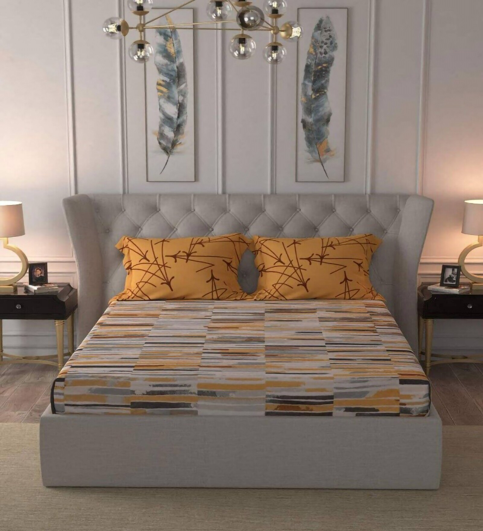 Yellow Geometric 200 TC Cotton Queen Size Double Bedsheet with 2 Pillow Covers