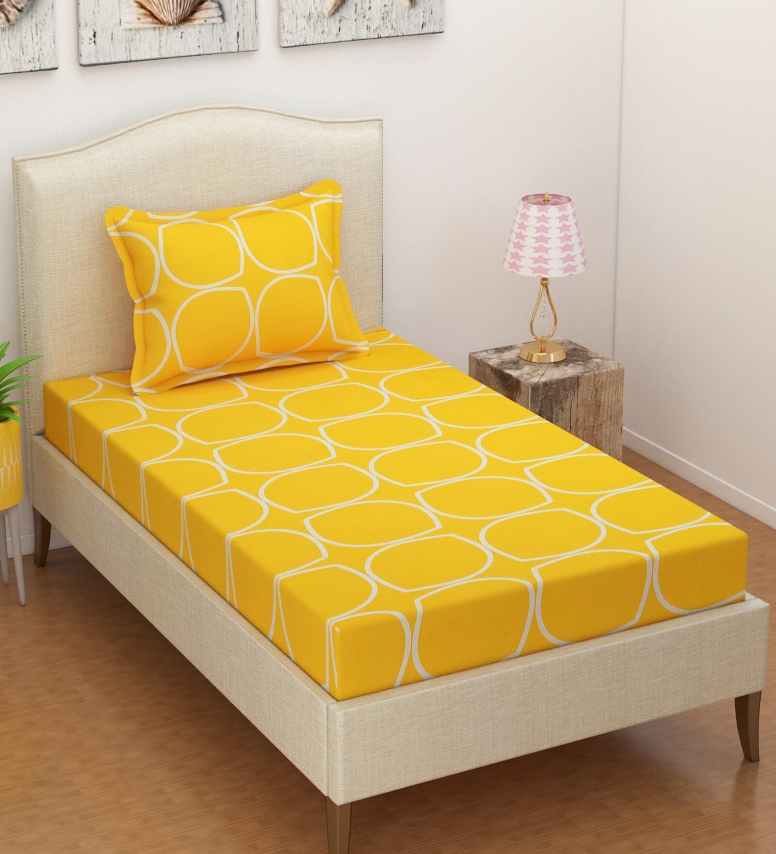 Yellow Geometric 280 TC Microfibre Fitted Single Bedsheet 1 Pillow Cover