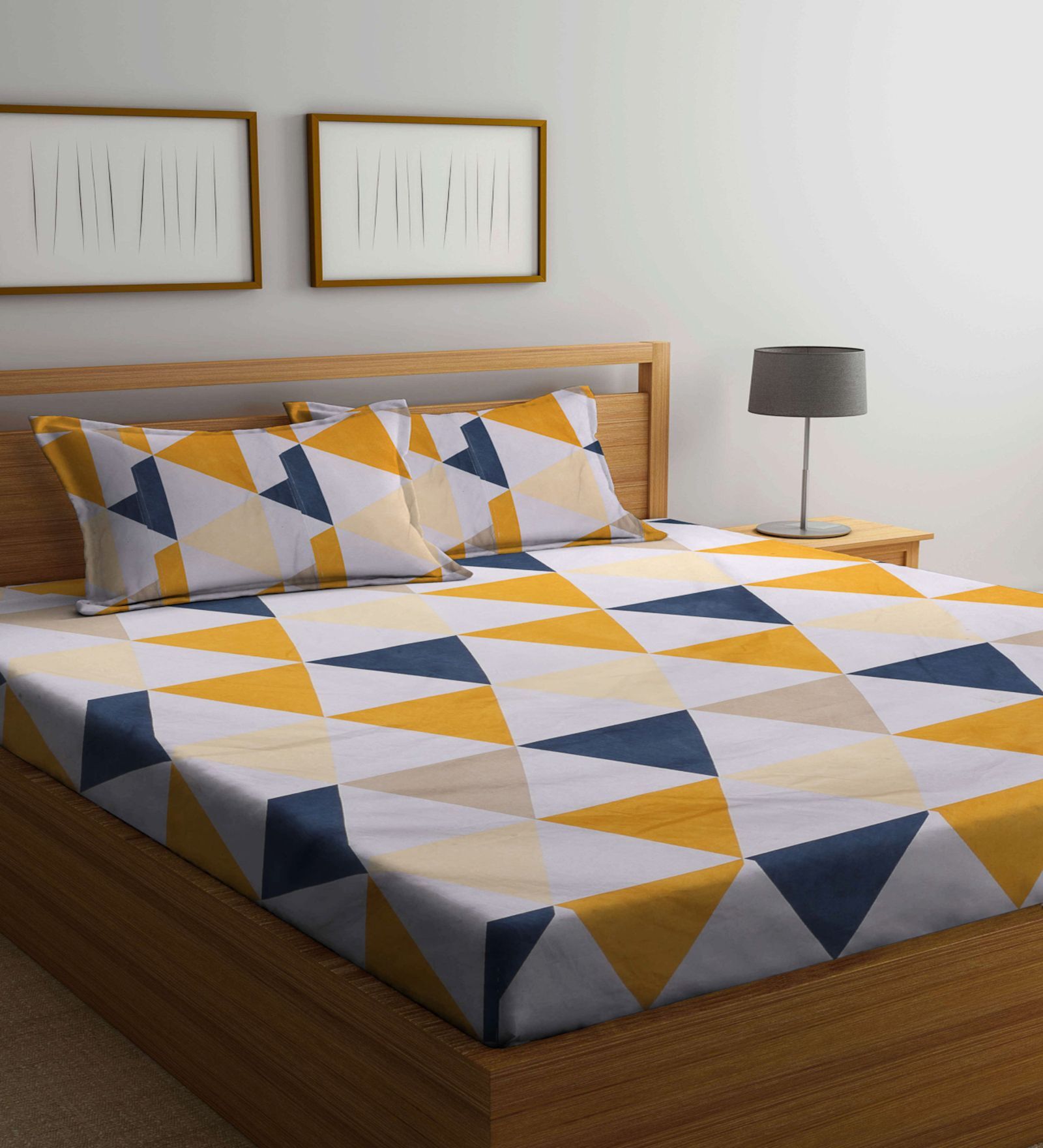 Yellow Geometric 300 TC Cotton Blend Double King Size Bedsheet with 2 Pillow Covers