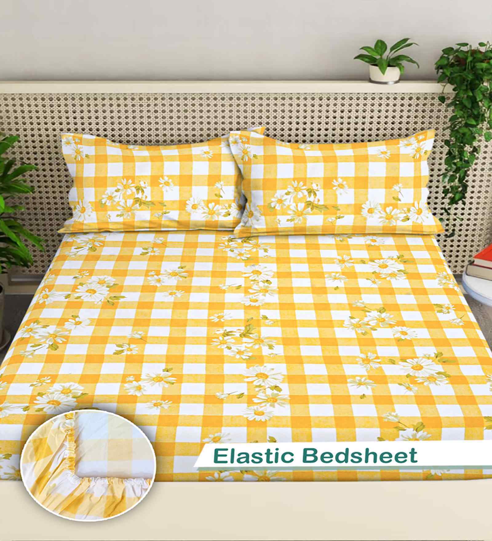 Yellow Geometric 300 TC Cotton Blend King Size Fitted Double Bedsheet with 2 Pillow Covers